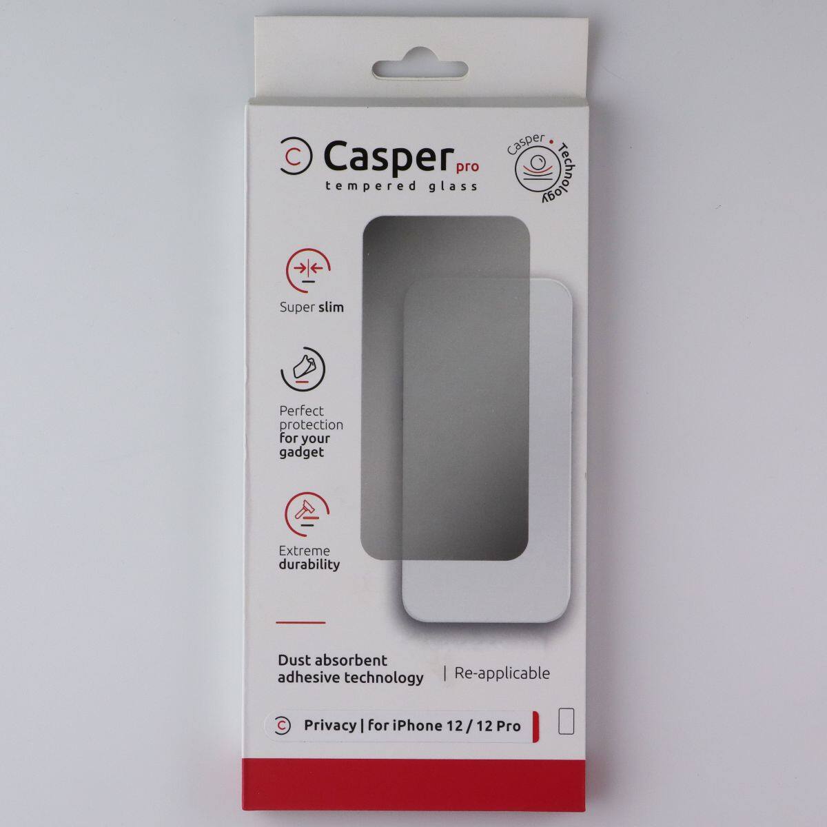 Casper pro tempered glass  
Super slim  
Perfect protection for your gadget  
Extreme durability  
Dust absorbent adhesive technology  
Re-applicable  
Privacy | for iPhone 12/12 Pro