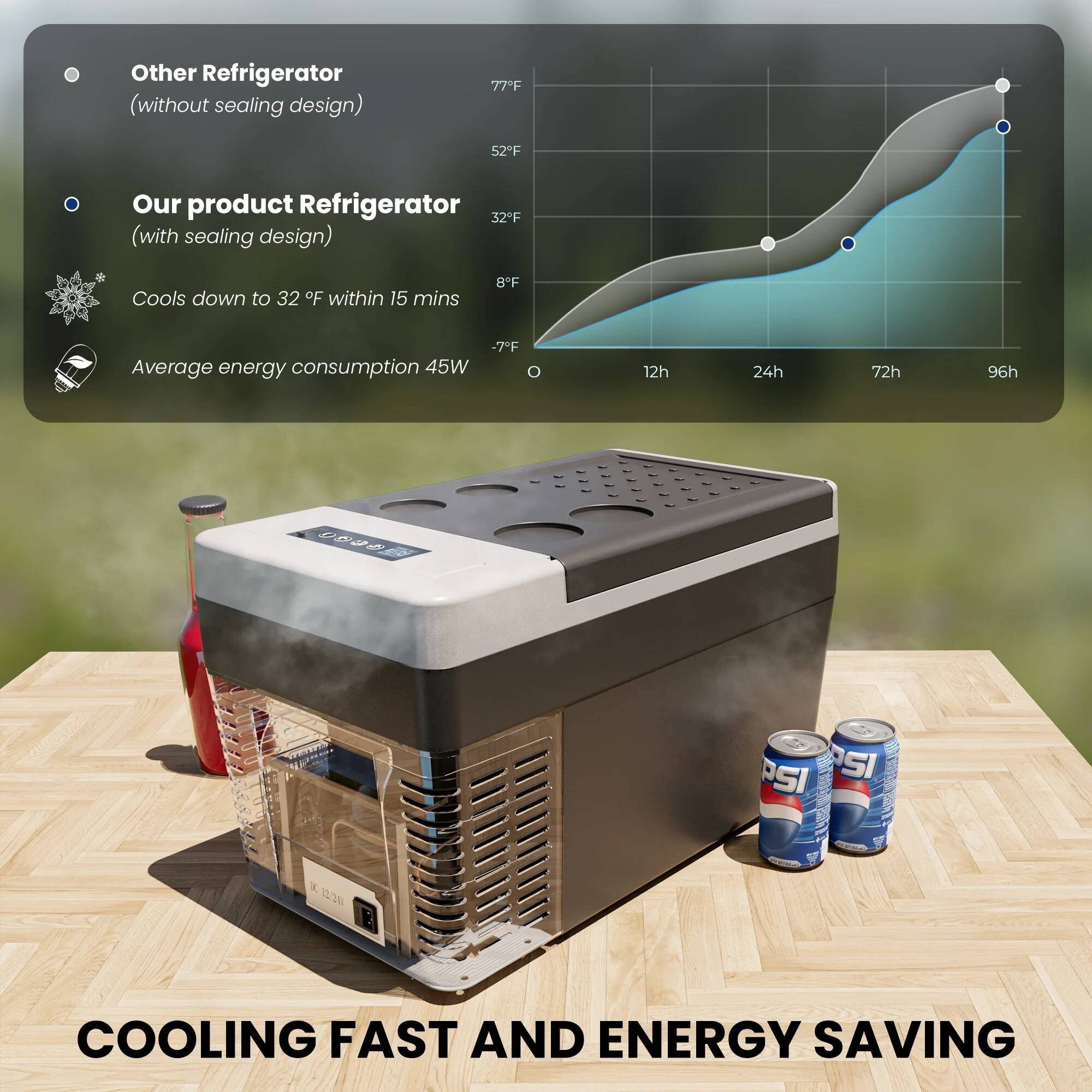 Other Refrigerator (without sealing design)  
77°F  
52°F  

Our product Refrigerator (with sealing design)  
32°F  
Cools down to 32°F within 15 mins  
Average energy consumption 45W  

COOLING FAST AND ENERGY SAVING