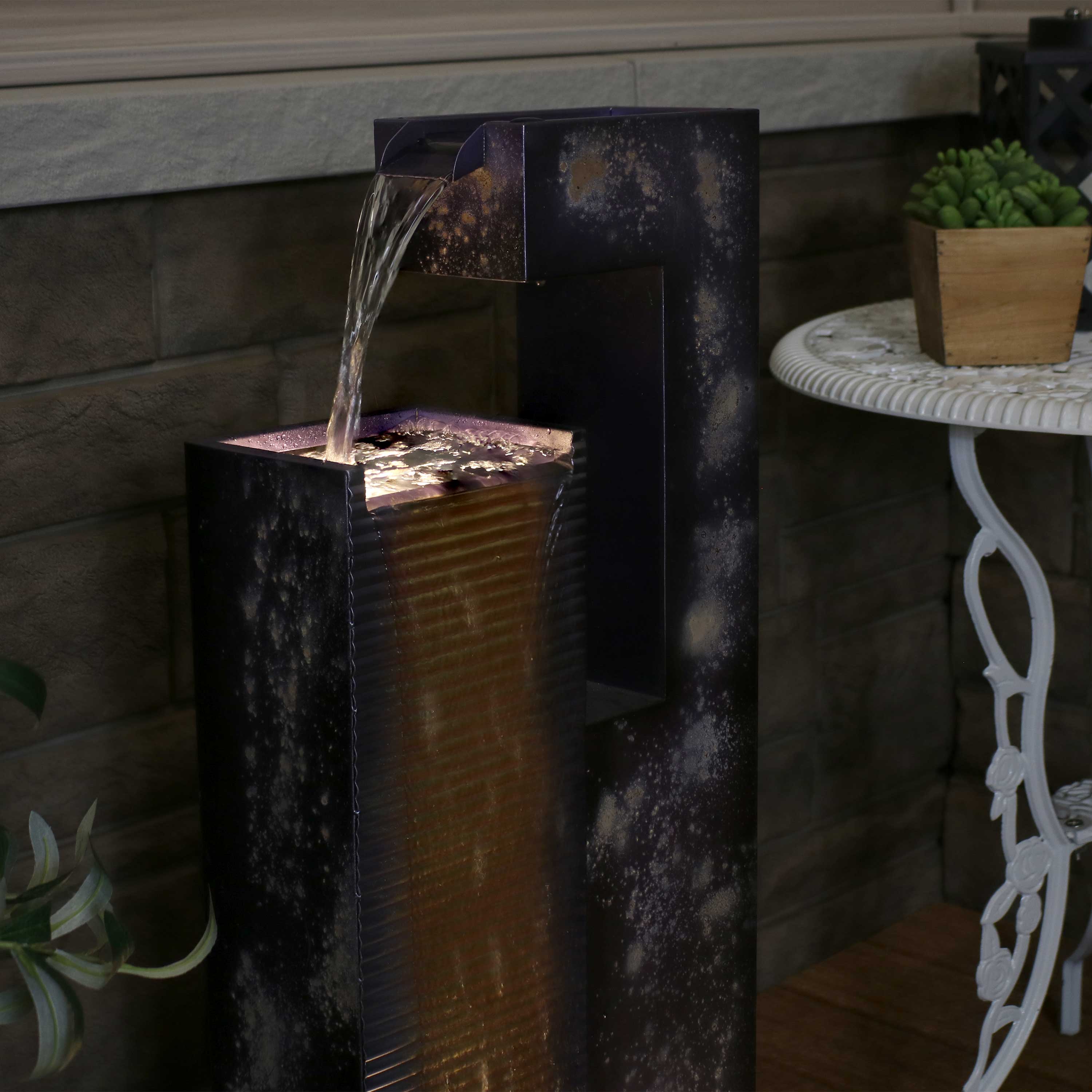 Alt View 5. Sunnydaze - Cascading Tower Metal Water Fountain with LED Lights - 32 in - Dark Purple.