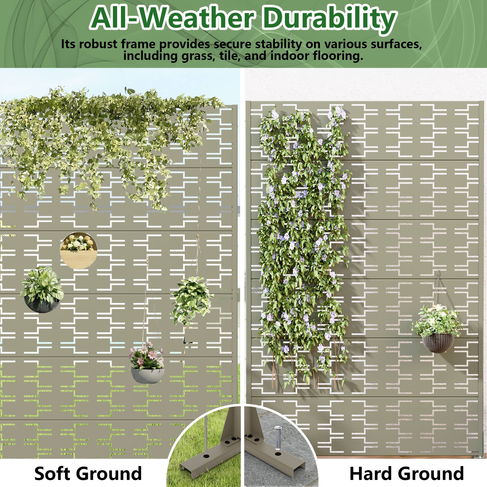 All-Weather Durability  
Its robust frame provides secure stability on various surfaces, including grass, tile, and indoor flooring.  

Soft Ground  
Hard Ground