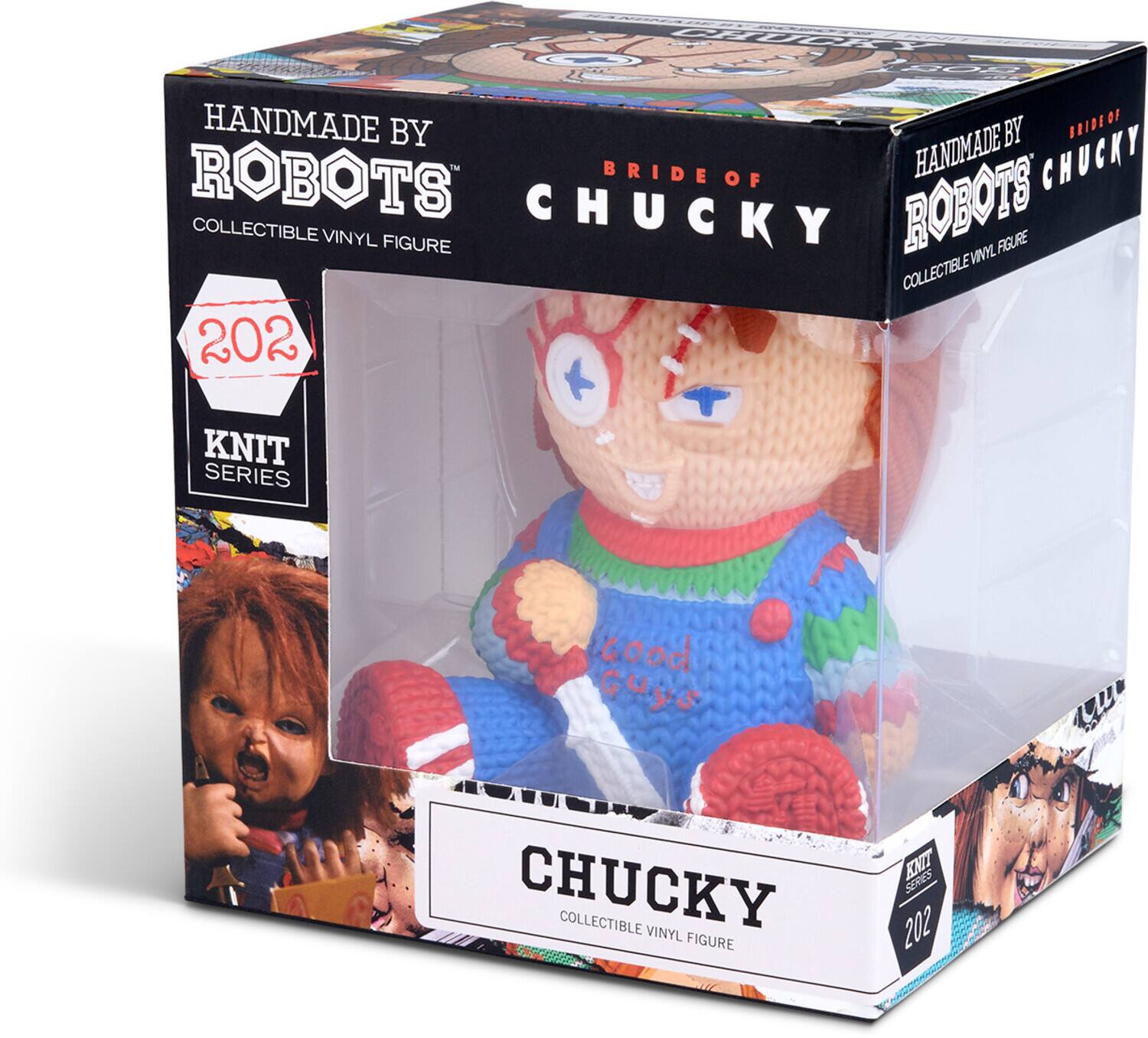 The text on the image can be grouped and corrected as follows:

"Handmade by Robots Bride of Chucky Collectible Vinyl Figure, Chucky Robots, Collectible Vinyl Figure, Knit Series 202, Good Guys."

This text describes a collectible vinyl figure of the character Chucky, specifically the "Bride of Chucky" version, part of the "Knit Series" by "Handmade by Robots."