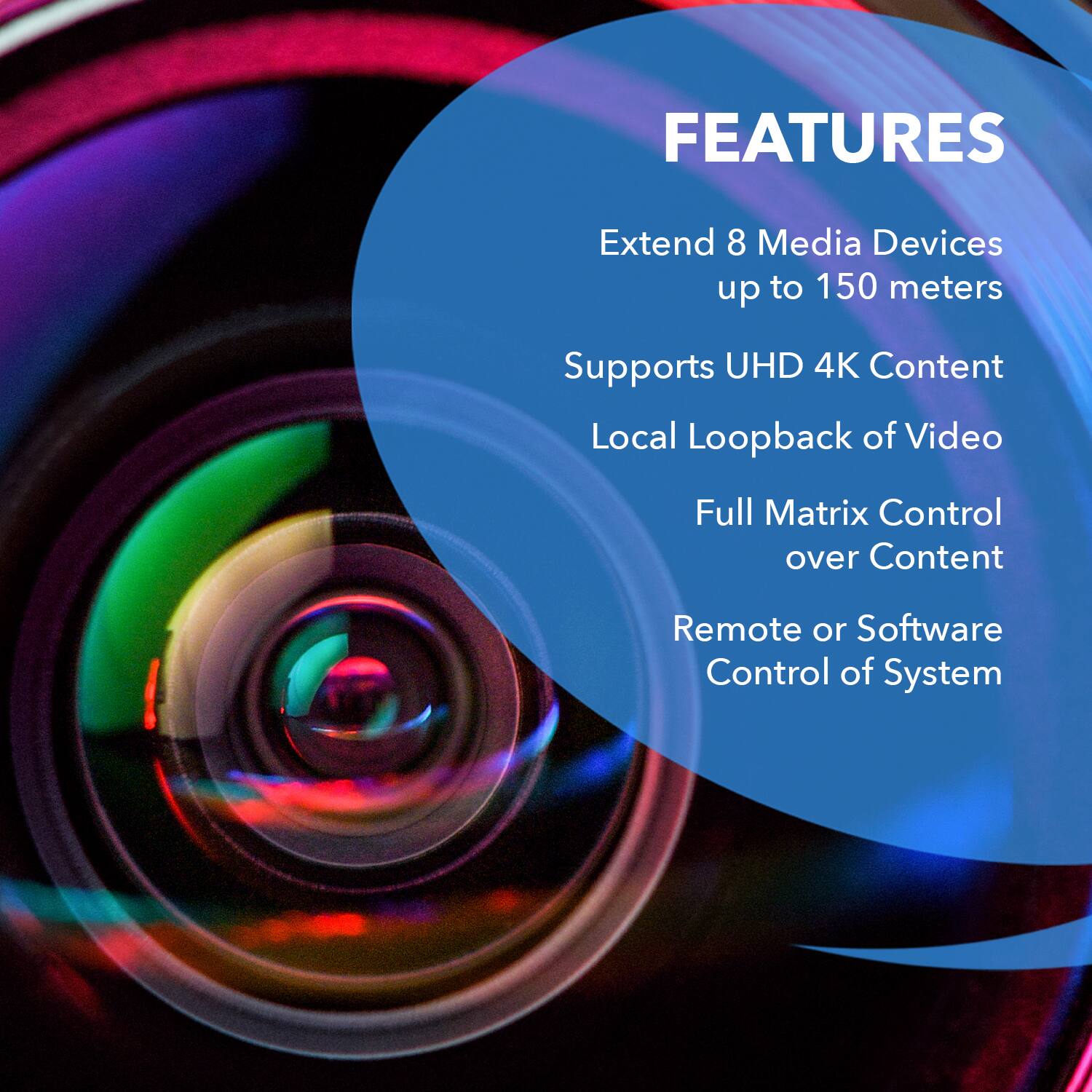 FEATURES

- Extend 8 Media Devices up to 150 meters
- Supports UHD 4K Content
- Local Loopback of Video
- Full Matrix Control over Content
- Remote or Software Control of System