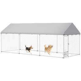 Pawhut - Outdoor Dog Kennel, 19.7'x7.5'x7.5', Adjustable Bowl Rack, Waterproof Roof, Galvanized Chain Link, Secure Lock