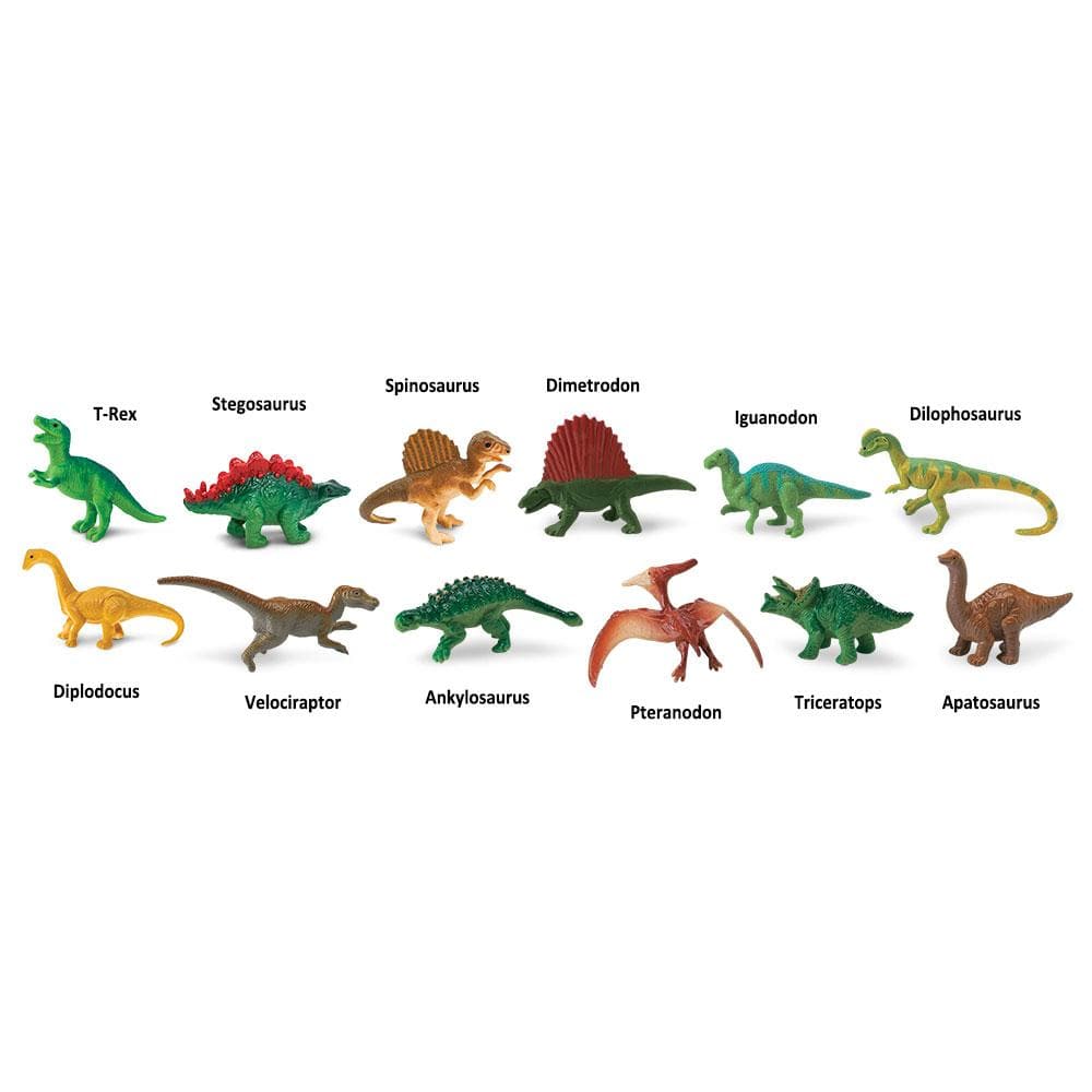 T-Rex  
Stegosaurus  
Spinosaurus  
Dimetrodon  
Iguanodon  
Dilophosaurus  
Diplodocus  
Velociraptor  
Ankylosaurus  
Pteranodon  
Triceratops  
Apatosaurus
