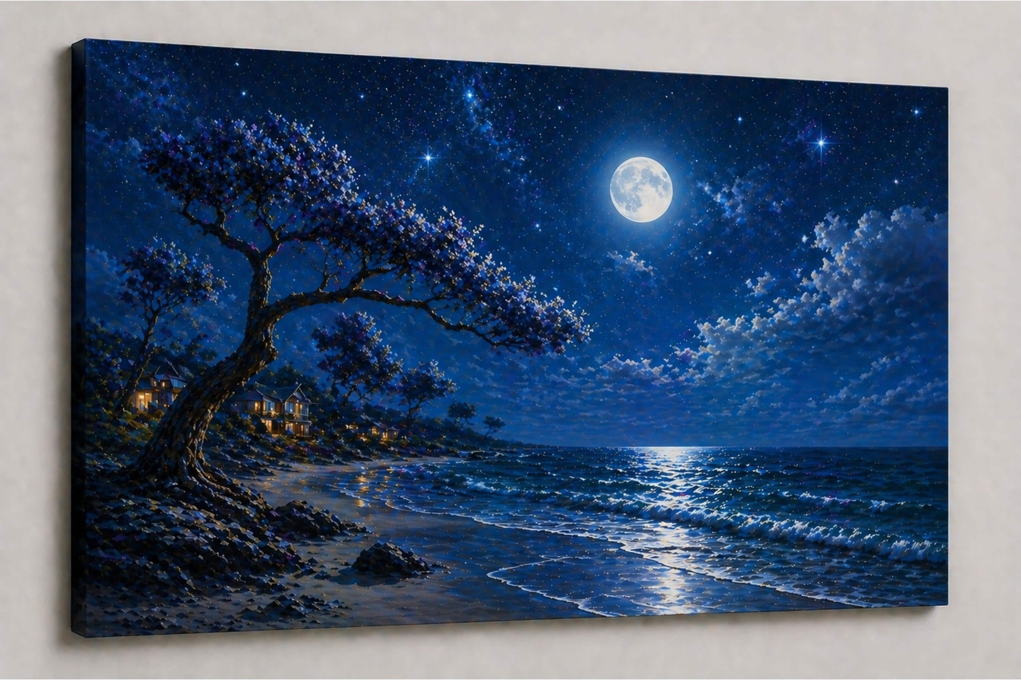 FC Design - Large Canvas 24x36" Frameless Blue Tropical Moonlit Beach Art Painting Home Wall Décor - MultiColor