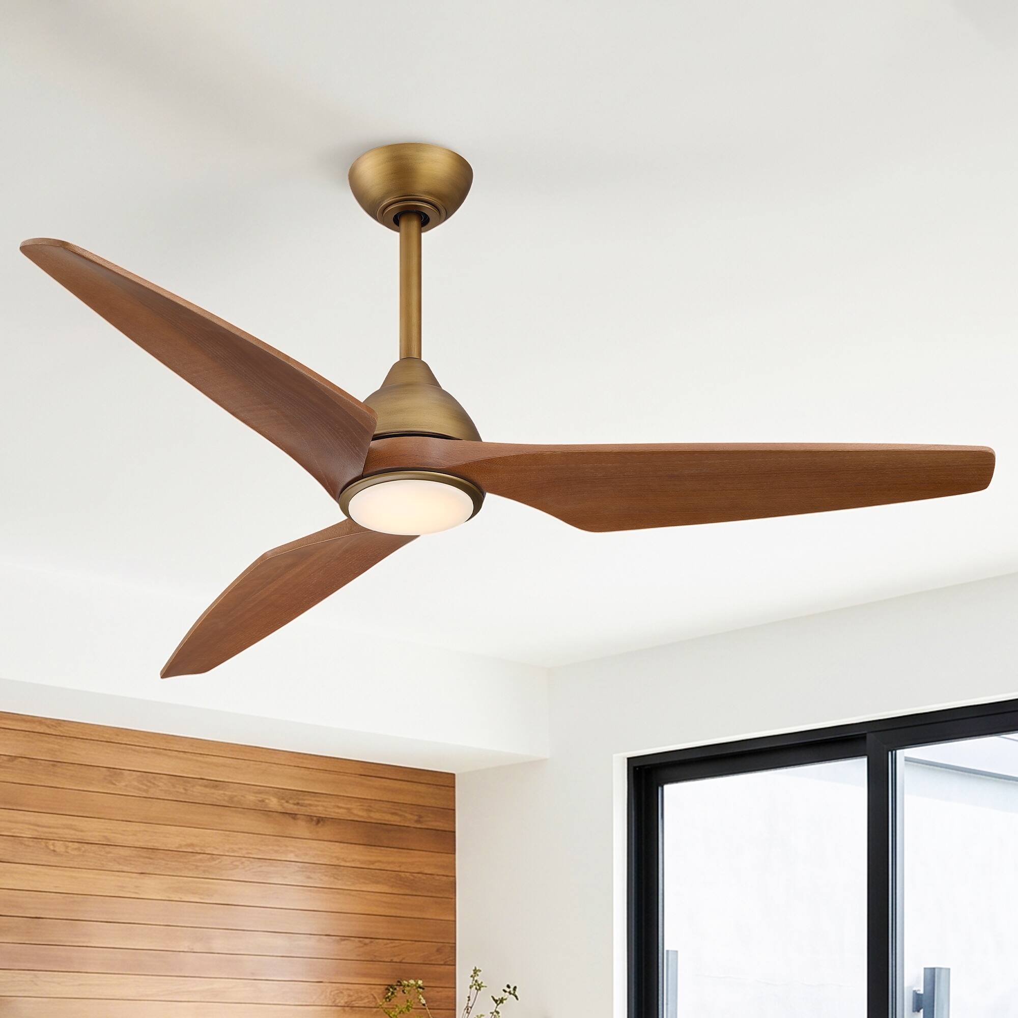 Front. Parrot Uncle - 52 Inch Modern Carved Solid Wood 3 Blades Lightweight Ceiling Fan with LED Light and Remote Control - Gold.