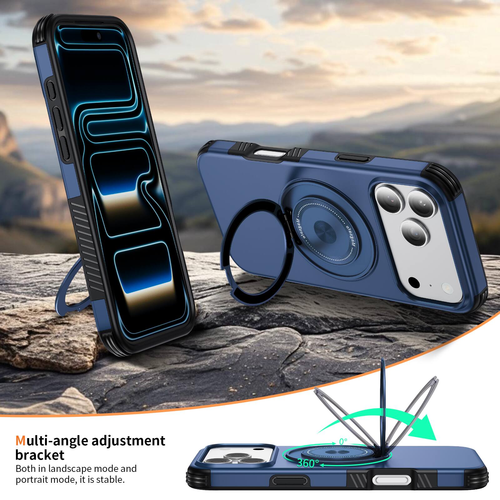 Multi-angle adjustment bracket  
Both in landscape mode and portrait mode, it is stable.  
360°