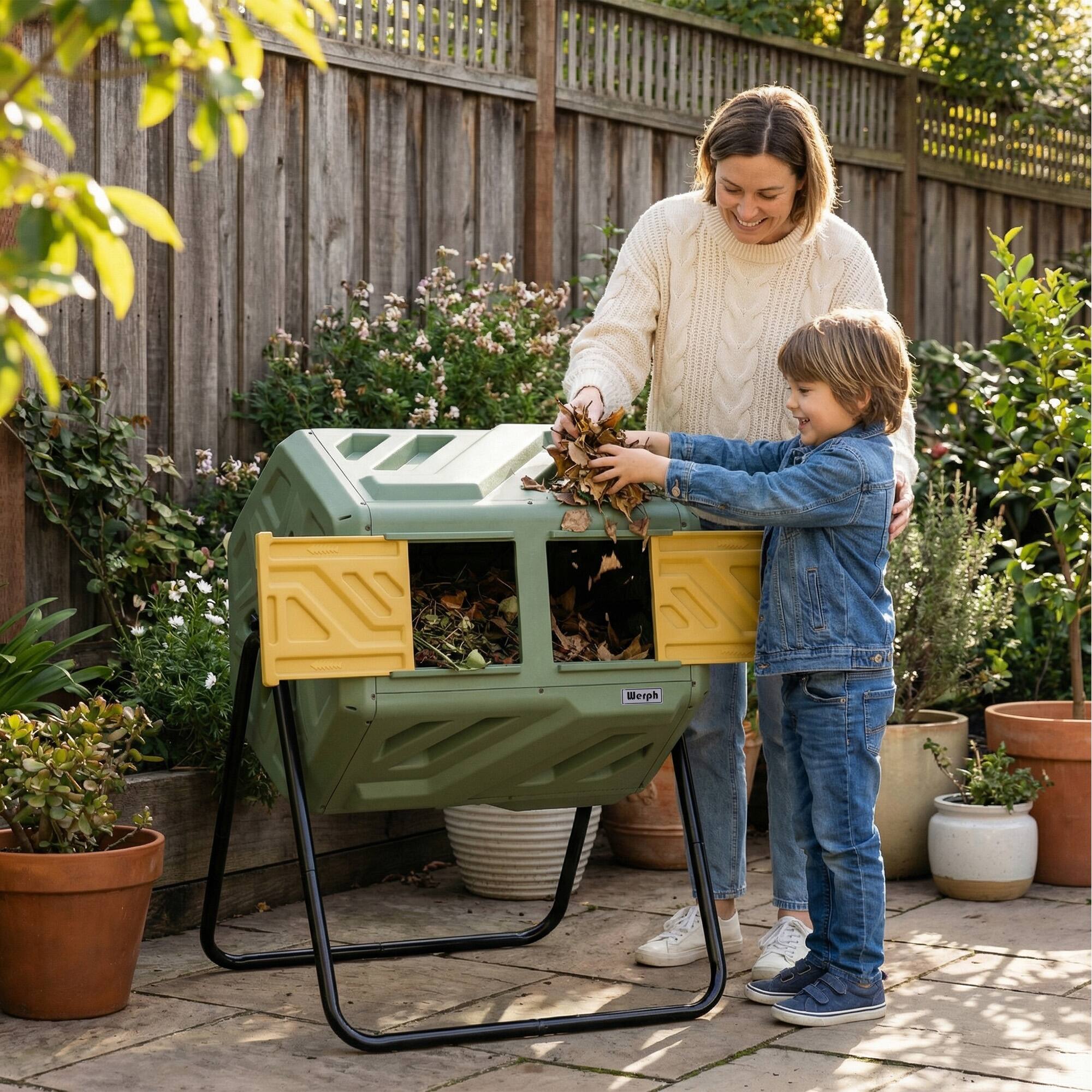 Alt View 4. Werph - 43 Gallon Dual Chamber Compost Tumbler, Fast Assembly with Gloves, 360° Rotating for Garden, Kitchen & Yard Waste - Grass Green.