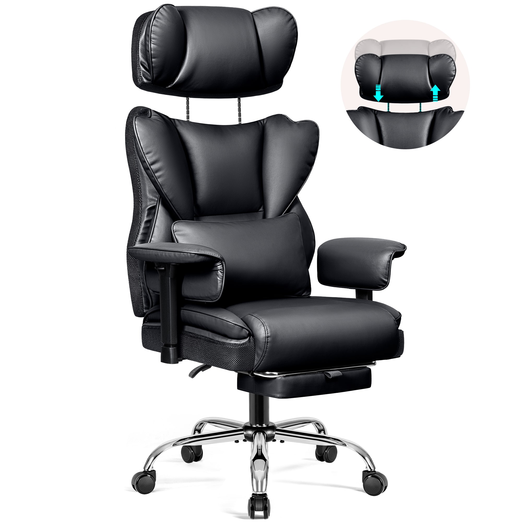 KERDOM - Ergonomic Executive Chair with Footrest, Lifting Armrest & Headrest Adjustable, Home Office Reclining PU Leather Chair - Black