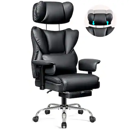 Front. KERDOM - Ergonomic Executive Chair with Footrest, Lifting Armrest & Headrest Adjustable, Home Office Reclining PU Leather Chair - Black.