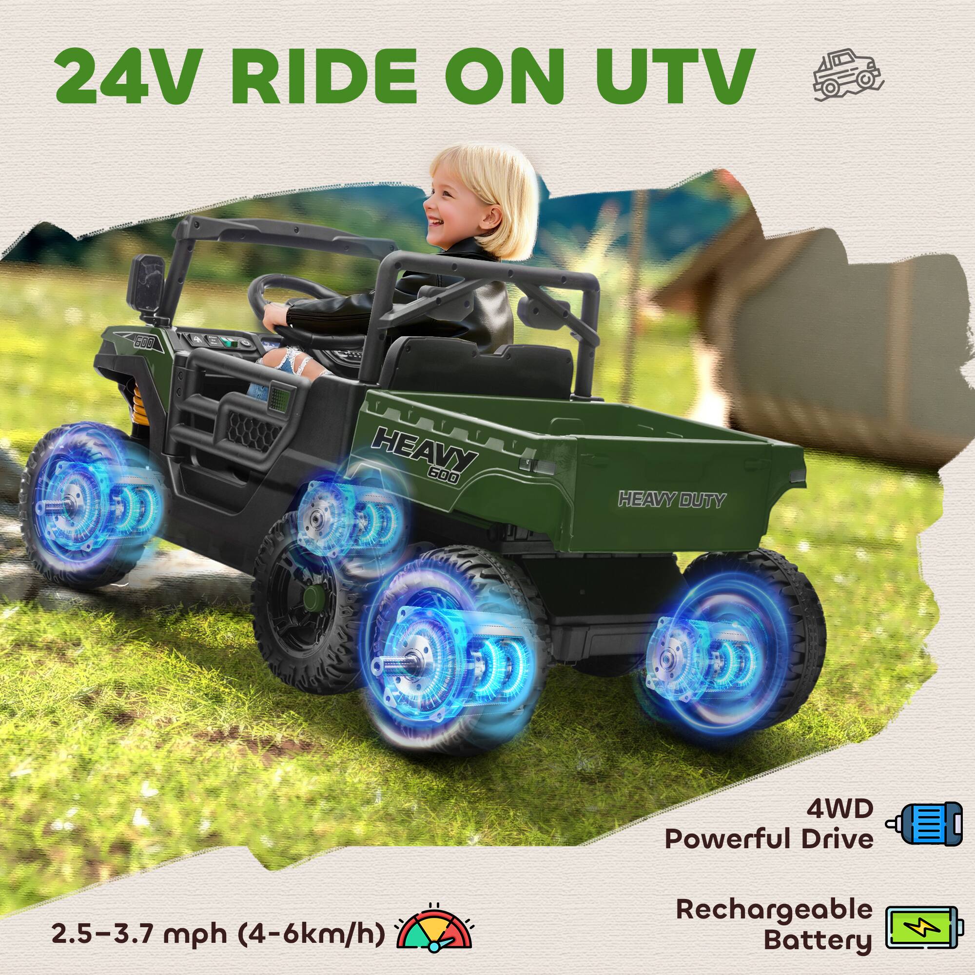 24V RIDE ON UTV

HEAVY 600 HEAVY DUTY

4WD Powerful Drive

2.5-3.7 mph (4-6 km/h)

Rechargeable Battery