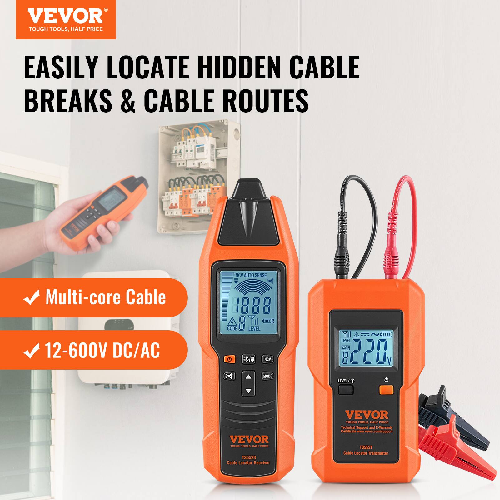 VEVOR TOUGH TOOLS. HALF PRICE EASILY LOCATE HIDDEN CABLE BREAKS & CABLE ROUTES. NCY AUTO SENSE Multi-core Cable 12-600V DC/AC. CODE LEVEL - O 37 NI X MODE Yill A ... L 20 8 L 220 V LEVEL. VEVOR - FOLE - POE TES2 Cabrile Locator Kecniver VEVOR Tsrim PIULA -. PE Techolical Support and -Marraiy Conooate. www.ayopr.com/kygen 1sA Caboe Locater Iransmier