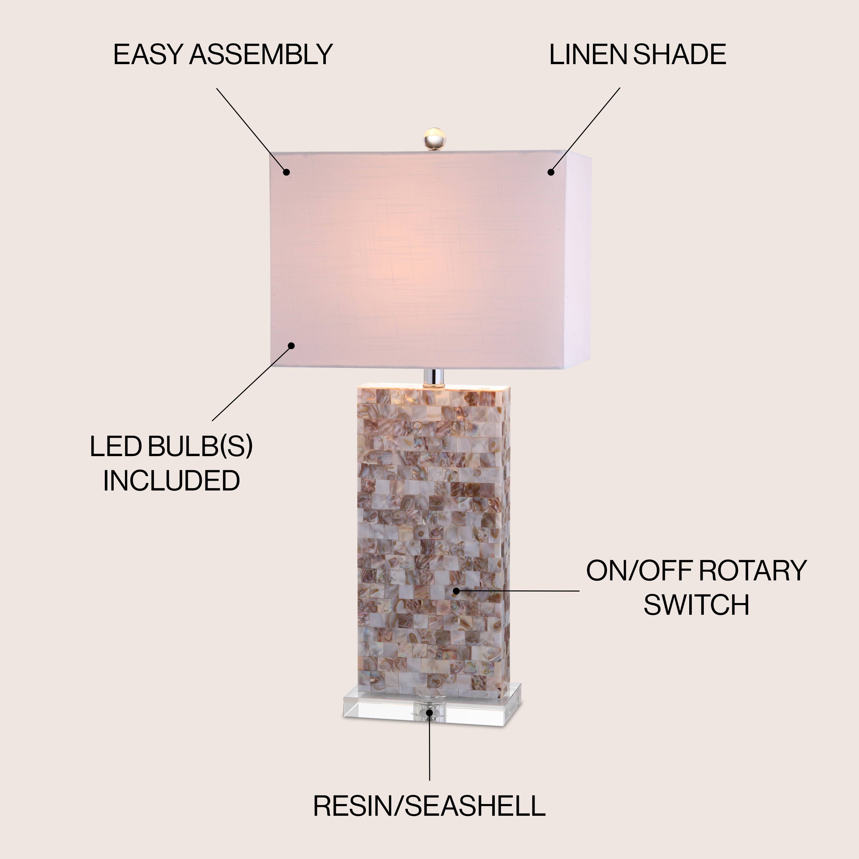 EASY ASSEMBLY  
LINEN SHADE  
LED BULB(S) INCLUDED  
ON/OFF ROTARY SWITCH  
RESIN/SEASHELL