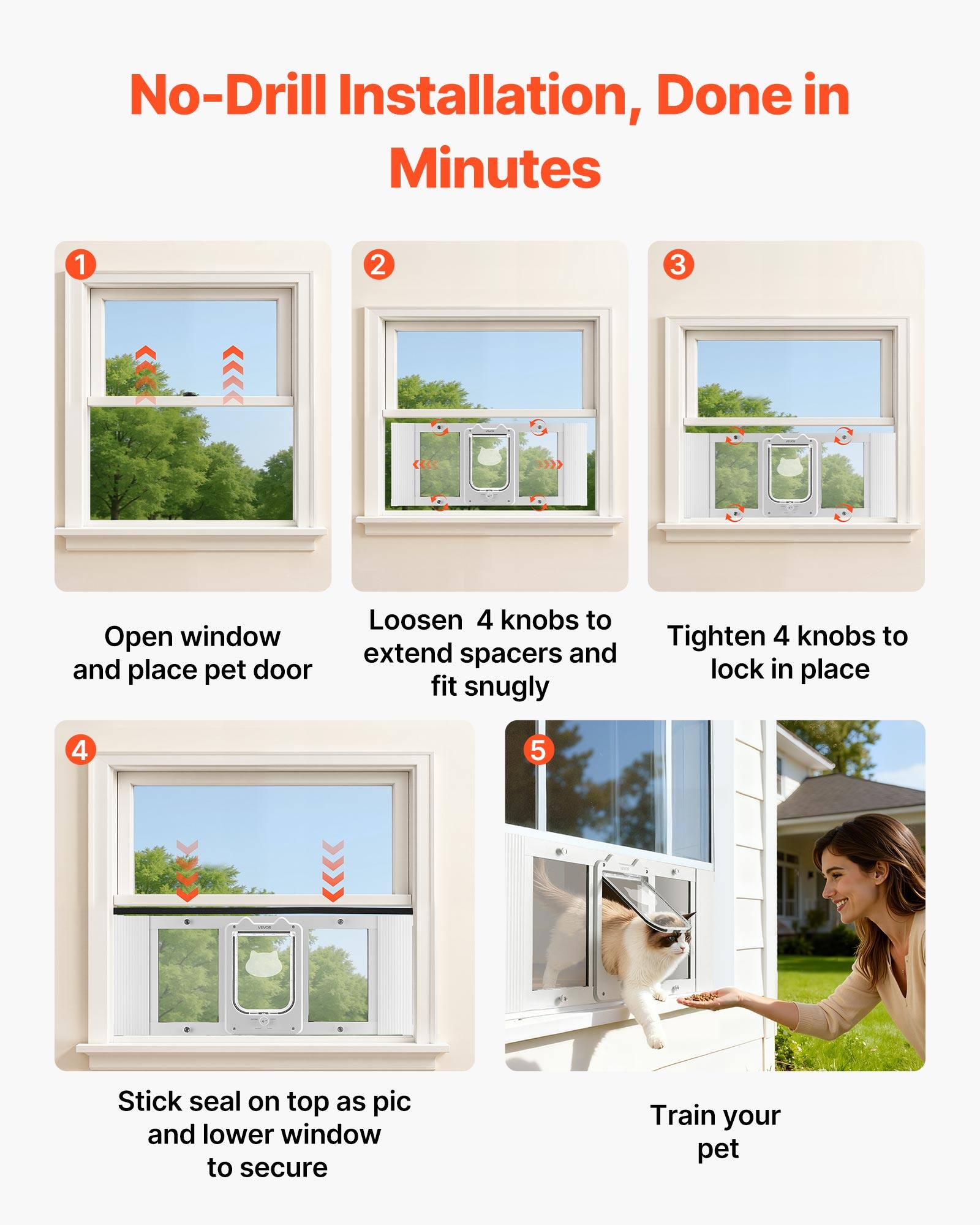 No-Drill Installation, Done in Minutes

1. Open window and place pet door
2. Loosen 4 knobs to extend spacers and fit snugly
3. Tighten 4 knobs to lock in place
4. Stick seal on top as pic and lower window to secure
5. Train your pet