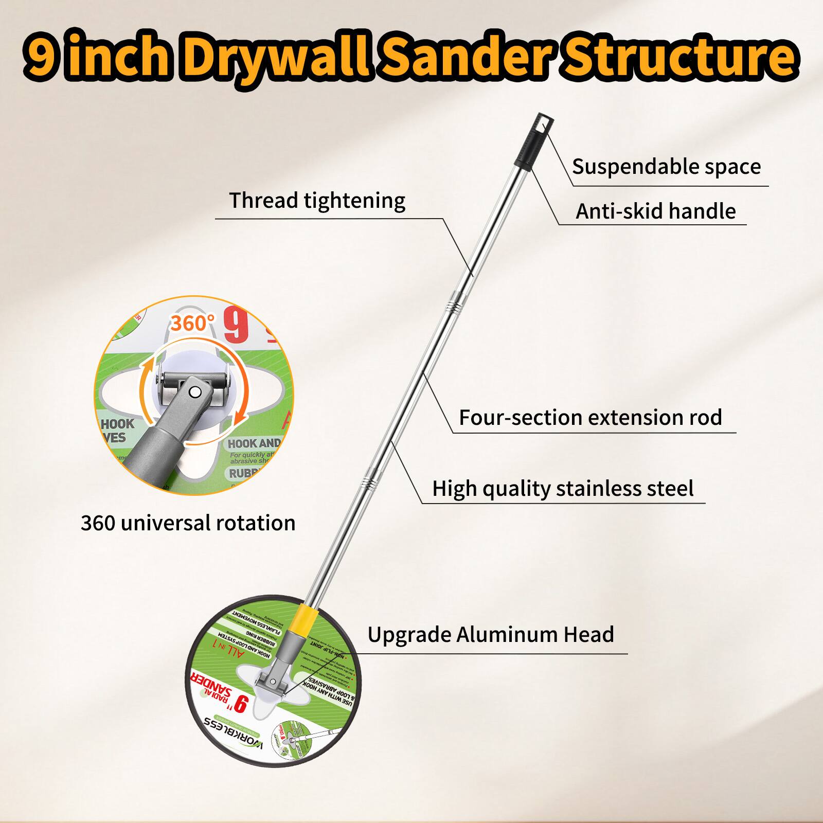 9 inch Drywall Sander Structure

- Thread tightening
- Suspendable space
- Anti-skid handle
- 360 universal rotation
- Four-section extension rod
- High quality stainless steel
- Upgrade Aluminum Head

HOOK VES
HOOK AND RUBBER
For quickly adhesive sie

360°