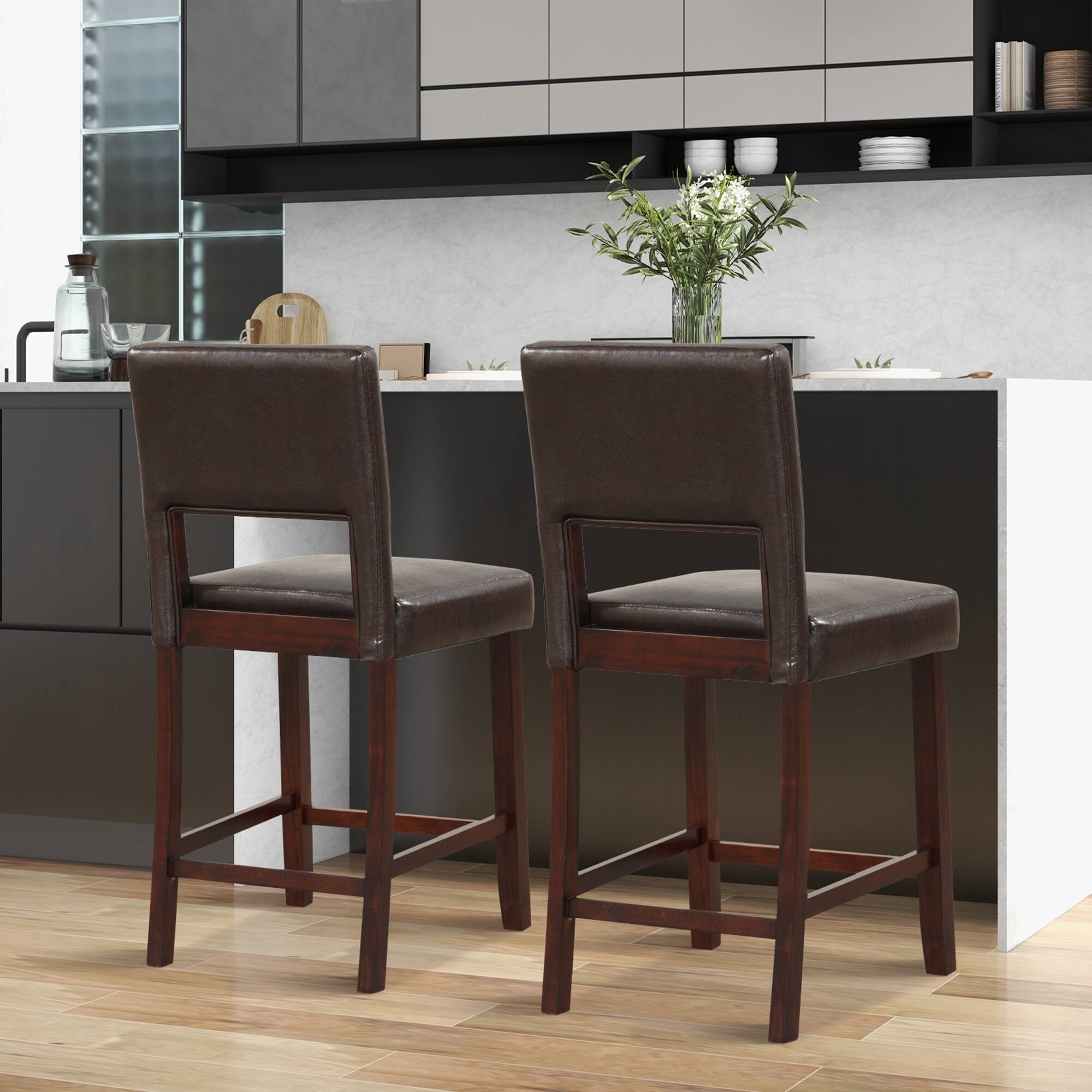 Alt View 2. Costway - Set of 2 Upholstered PVC Leather Bar Stools 24.5" Dining Chairs with Back - Brown.