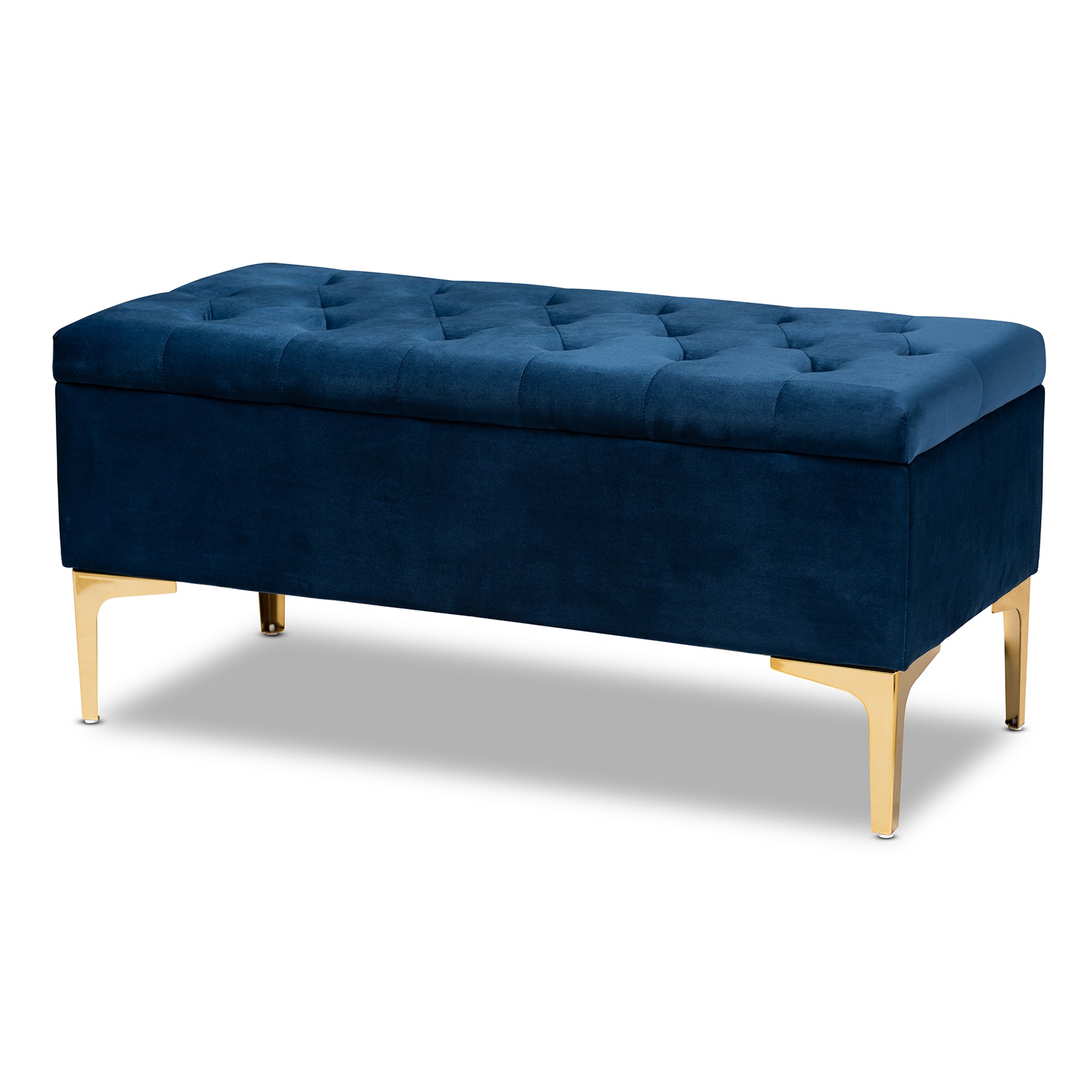 Baxton Studio - Valere Glam and Luxe Velvet Fabric Upholstered Gold Finished Button Tufted Storage Ottoman - Navy Blue/Gold