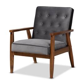 Baxton Studio - Sorrento Mid-century Modern Velvet Fabric Upholstered Walnut Finished Wooden Lounge Chair - Grey/Brown