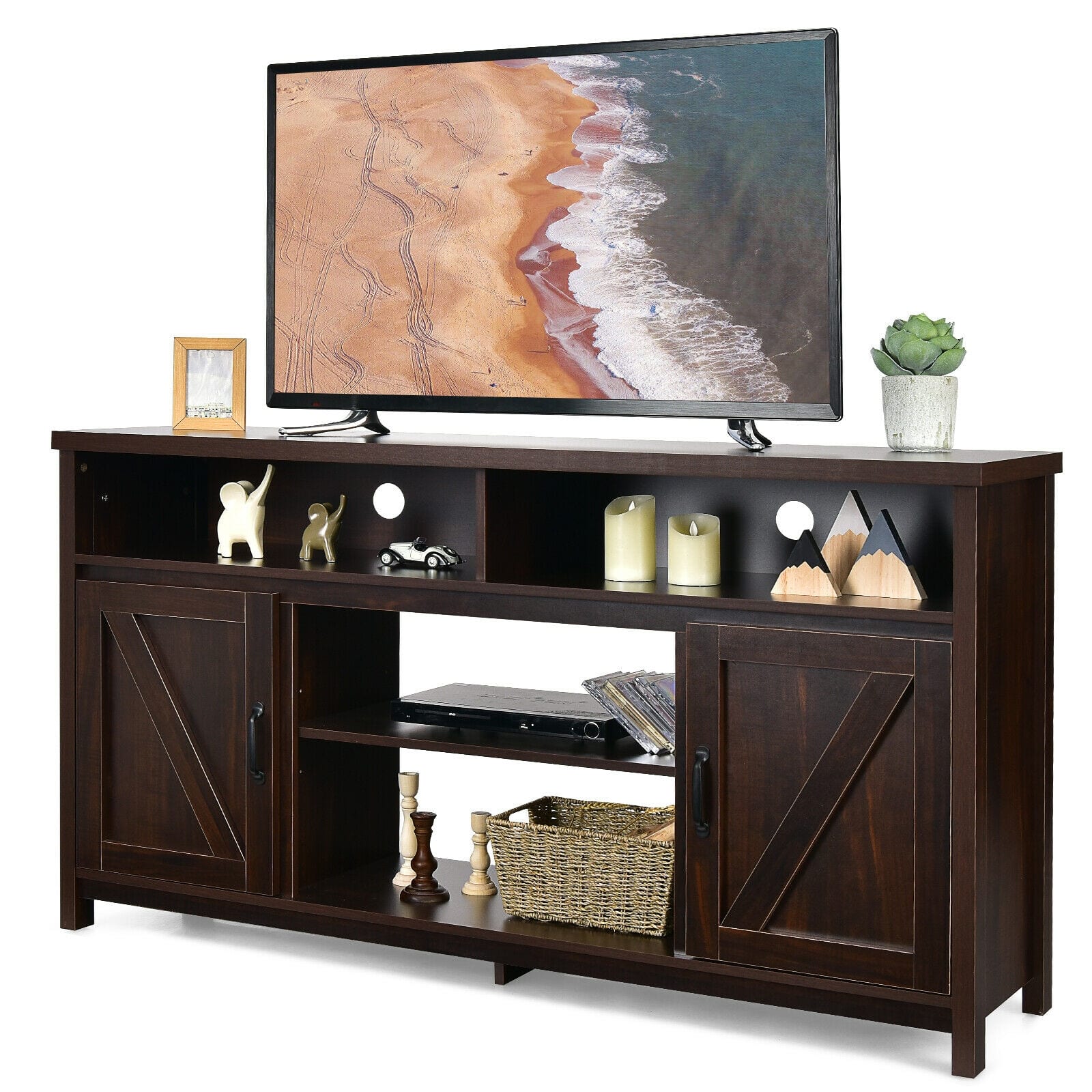 Ecooso - 59 Inch TV Stand Media Console with Barn Door Cabinet for TVs up to 65 Inch - Brown