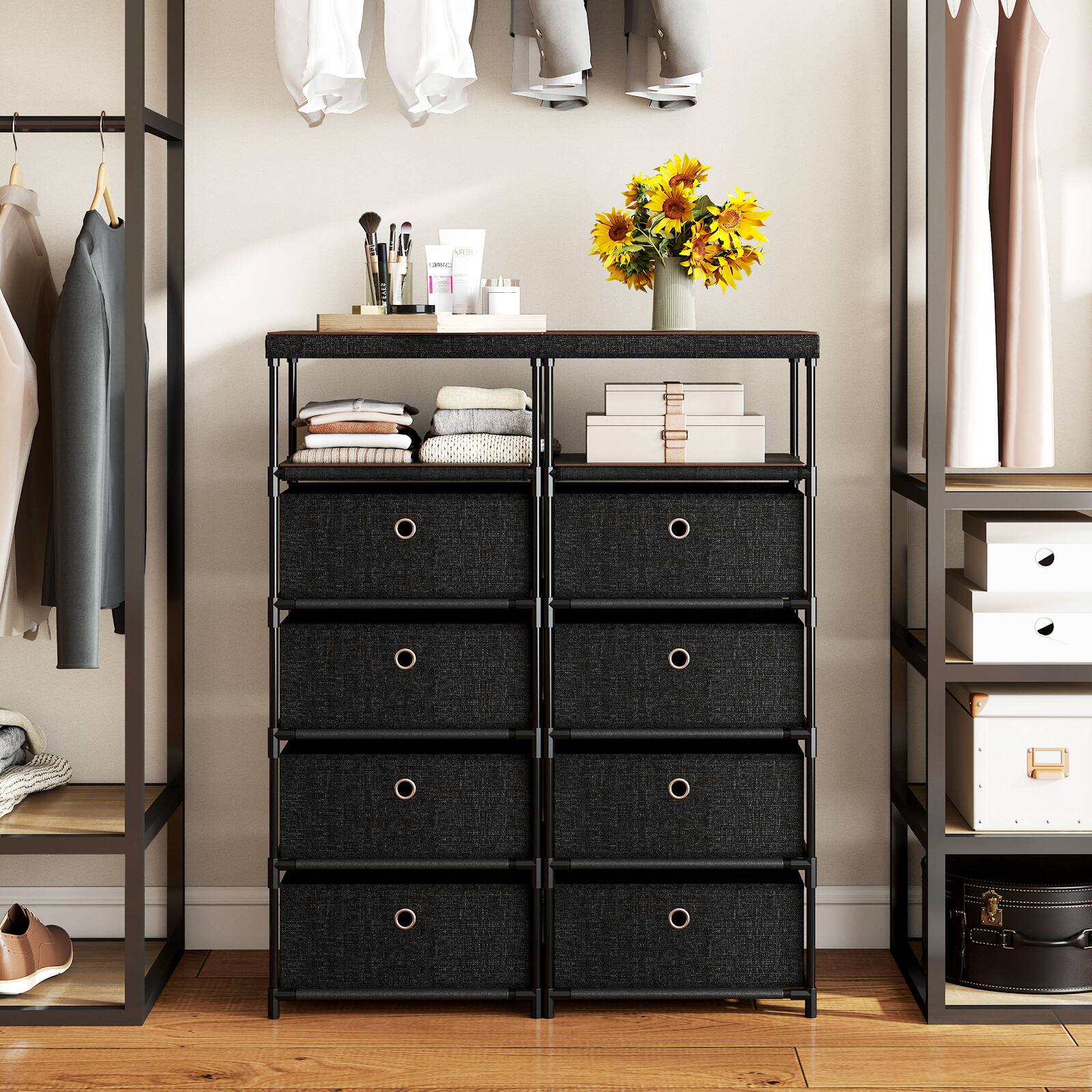 Alt View 8. Gymax - Gymax 4-Drawer Dresser w/ Shelf w/ Fabric Bins Industrial Storage Tower Unit - Black.