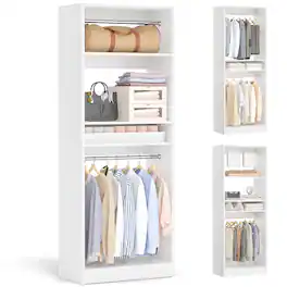 Aheaplus - 25'' Closet System with 2 Hanging Rods, Freestanding Closet Organizer System with Adjustable Shelves - White