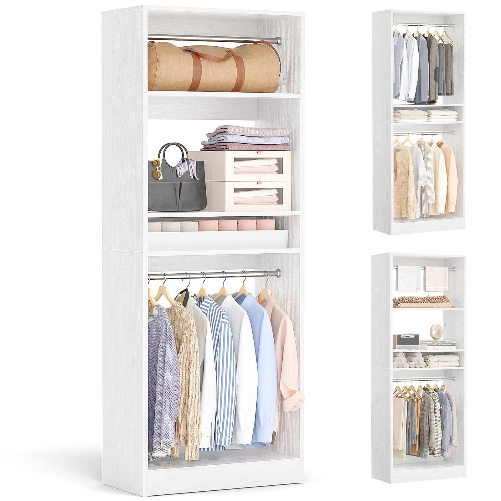 Aheaplus - 25'' Closet System with 2 Hanging Rods, Freestanding Closet Organizer System with Adjustable Shelves - White