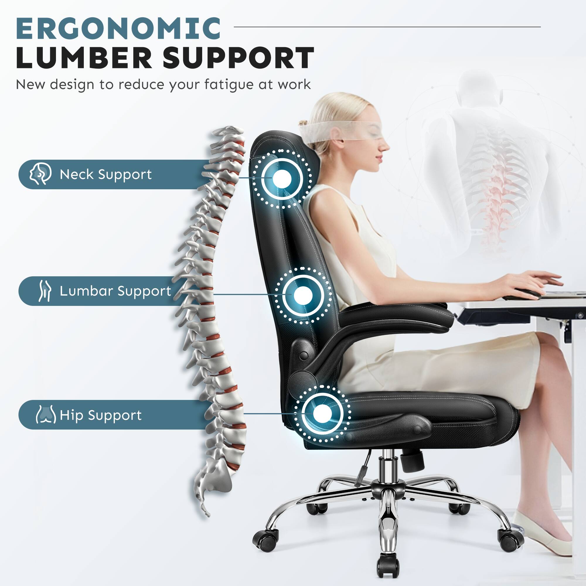 ERGONOMIC LUMBER SUPPORT

New design to reduce your fatigue at work

- Neck Support
- Lumbar Support
- Hip Support