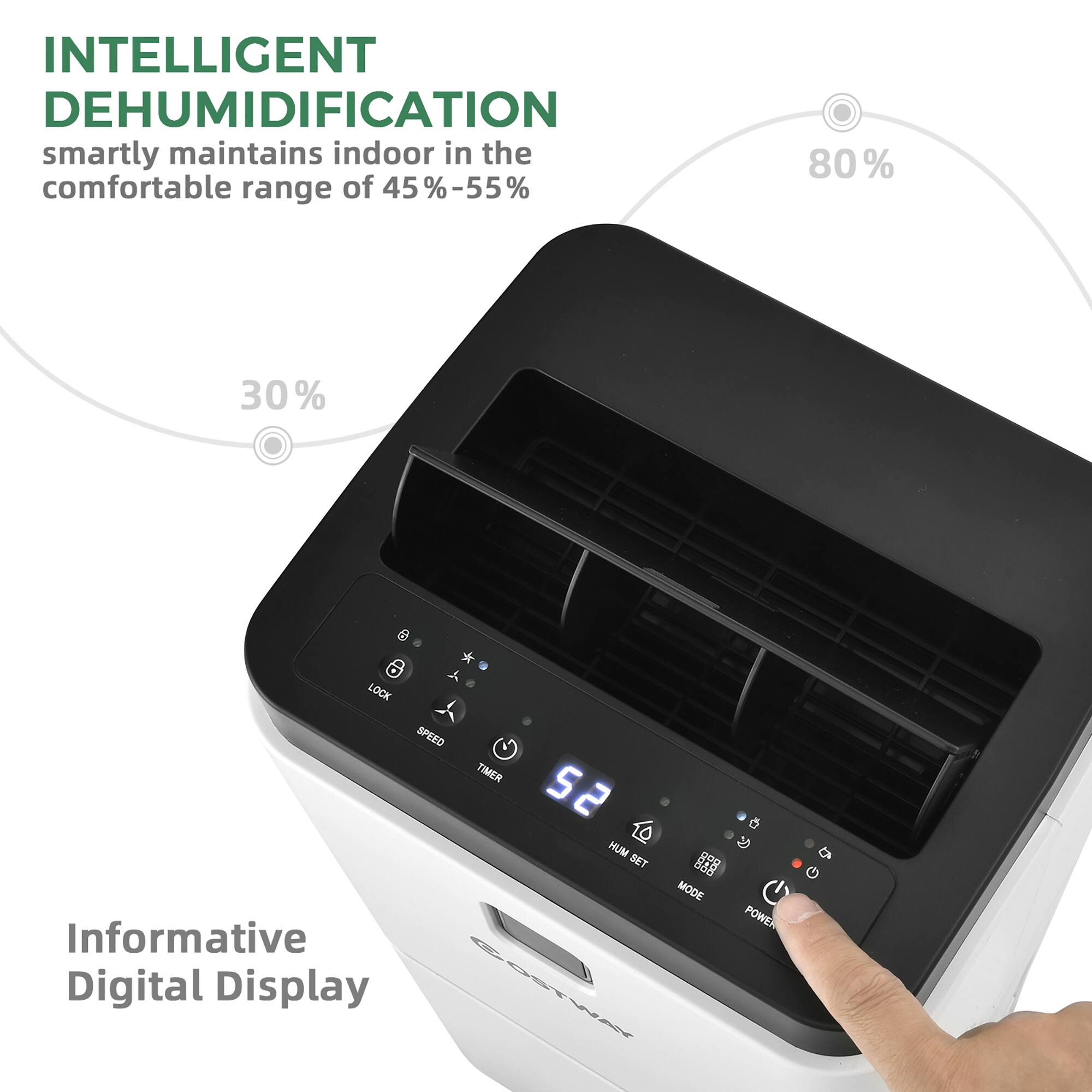 Intelligent Dehumidification: Smartly maintains indoor humidity in the comfortable range of 45%-55% with an 80% efficiency. Features a lock speed timer and an informative digital display.