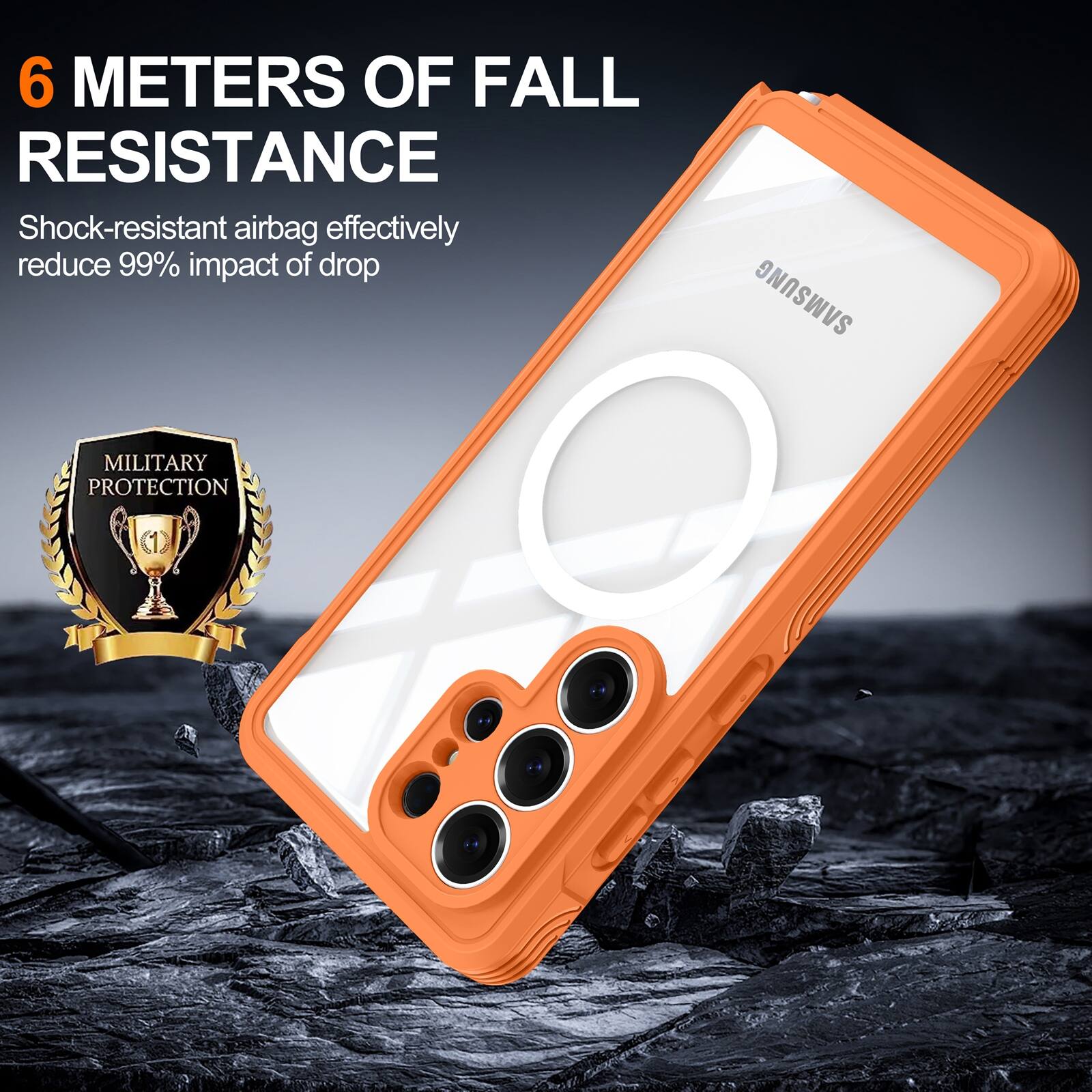 6 METERS OF FALL RESISTANCE

Shock-resistant airbag effectively reduce 99% impact of drop

SAMSUNG

MILITARY PROTECTION