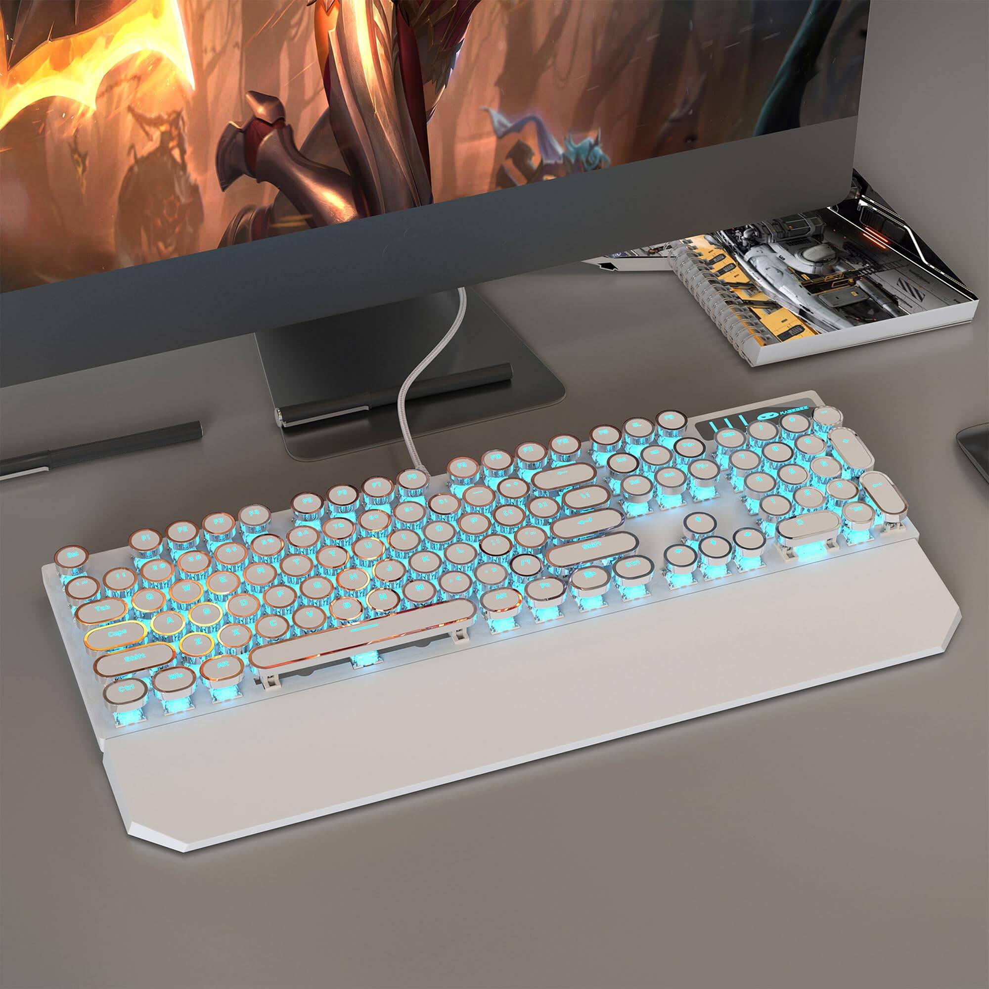 Alt View 4. MageGee - MageGee Typewriter Mechanical Gaming Keyboard, Punk Round 104‑Key, LED Blue Backlit, Blue Switch Magnetic Wrist Rest - White.
