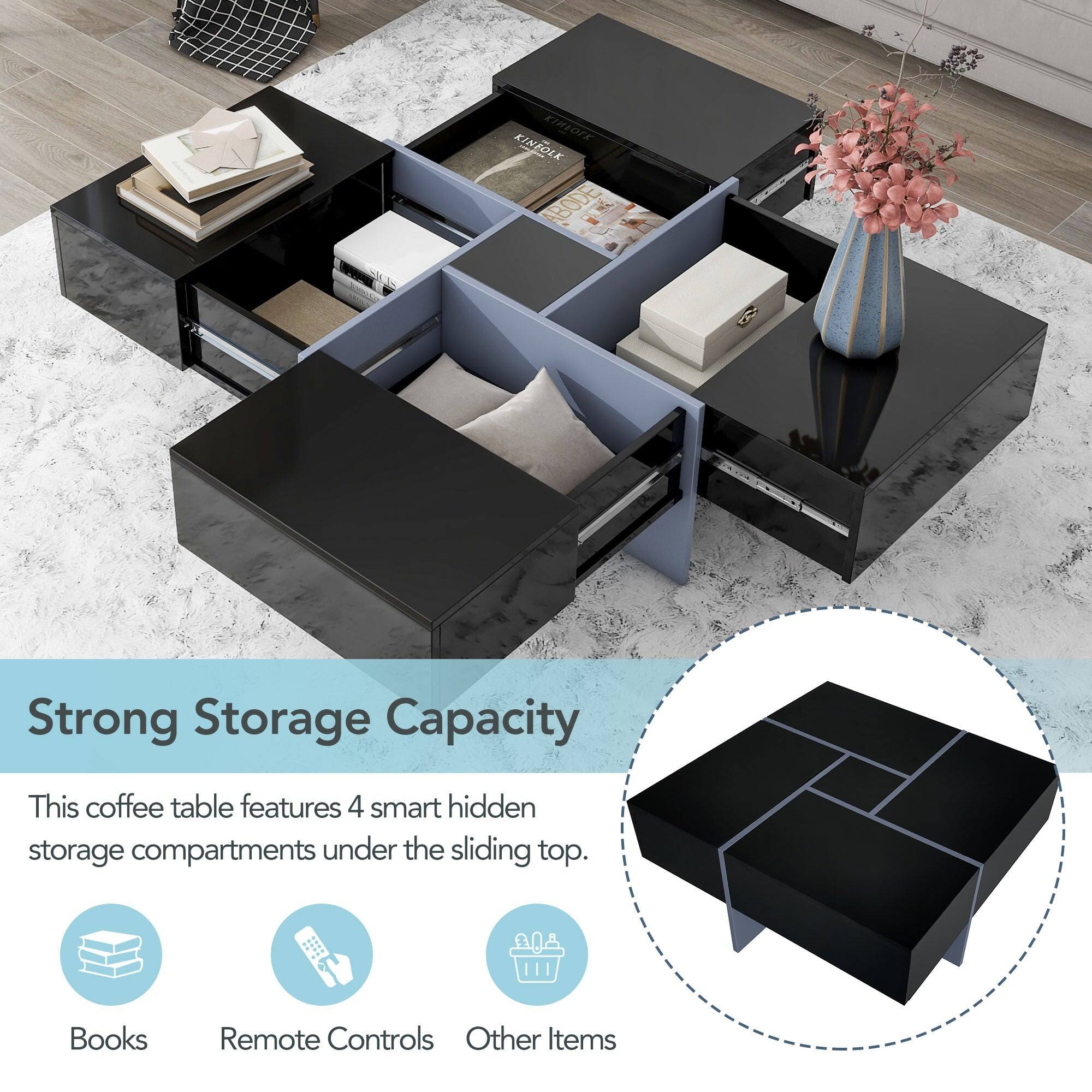 KIHOrE KINFOLK ABODE

Strong Storage Capacity

This coffee table features 4 smart hidden storage compartments under the sliding top.

- Books
- Remote Controls
- Other Items