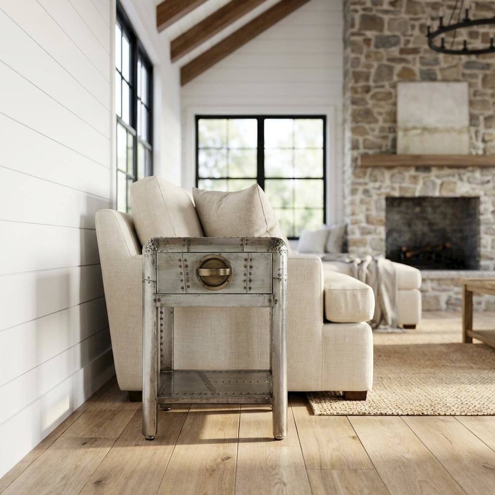 Alt View 4. Starlight Canyon Home - Industrial Side Table with Drawer, Square Wood End Table for Living Room - Silver.