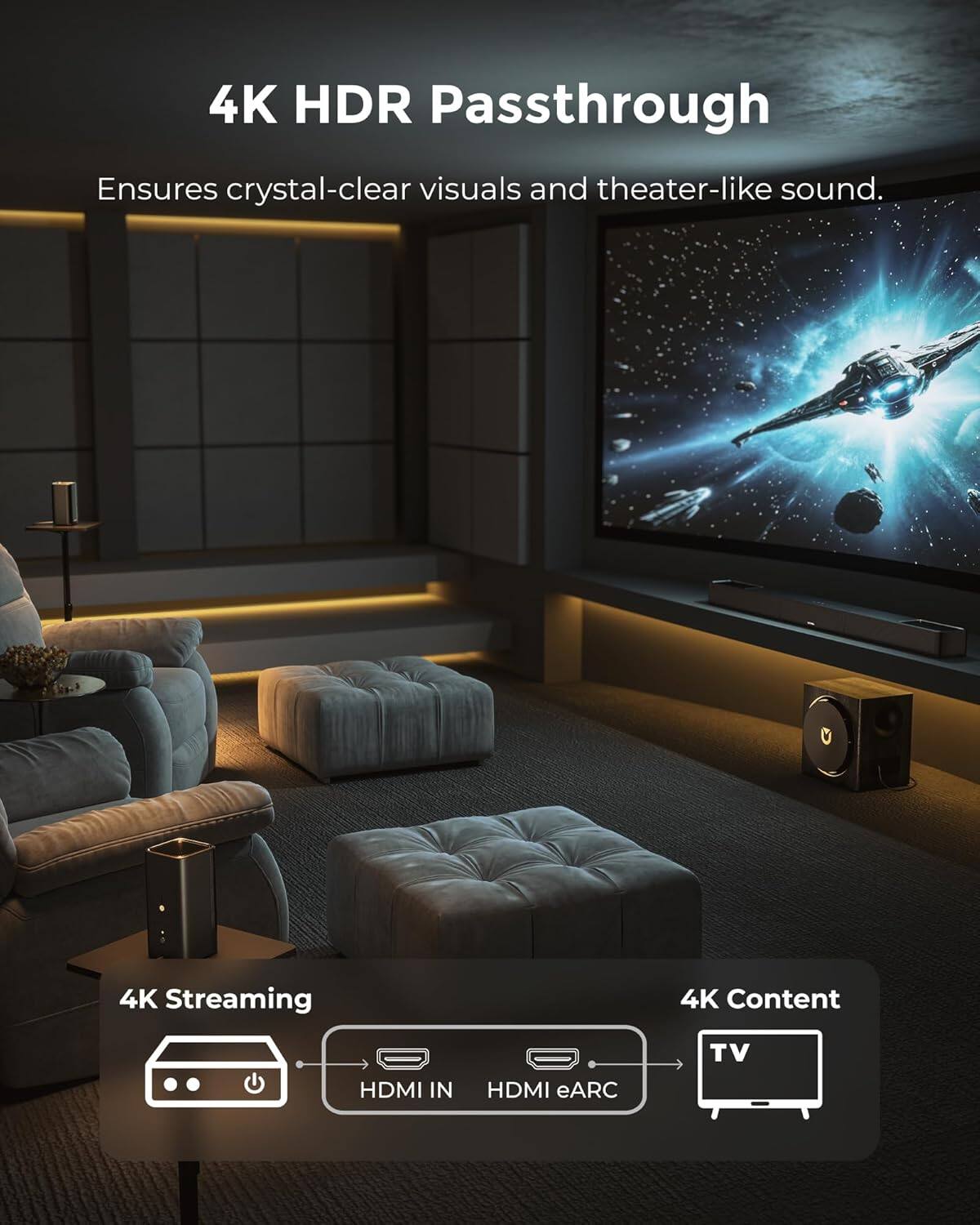 4K HDR Passthrough  
Ensures crystal-clear visuals and theater-like sound.

4K Streaming  
HDMI IN

4K Content  
HDMI eARC  
TV
