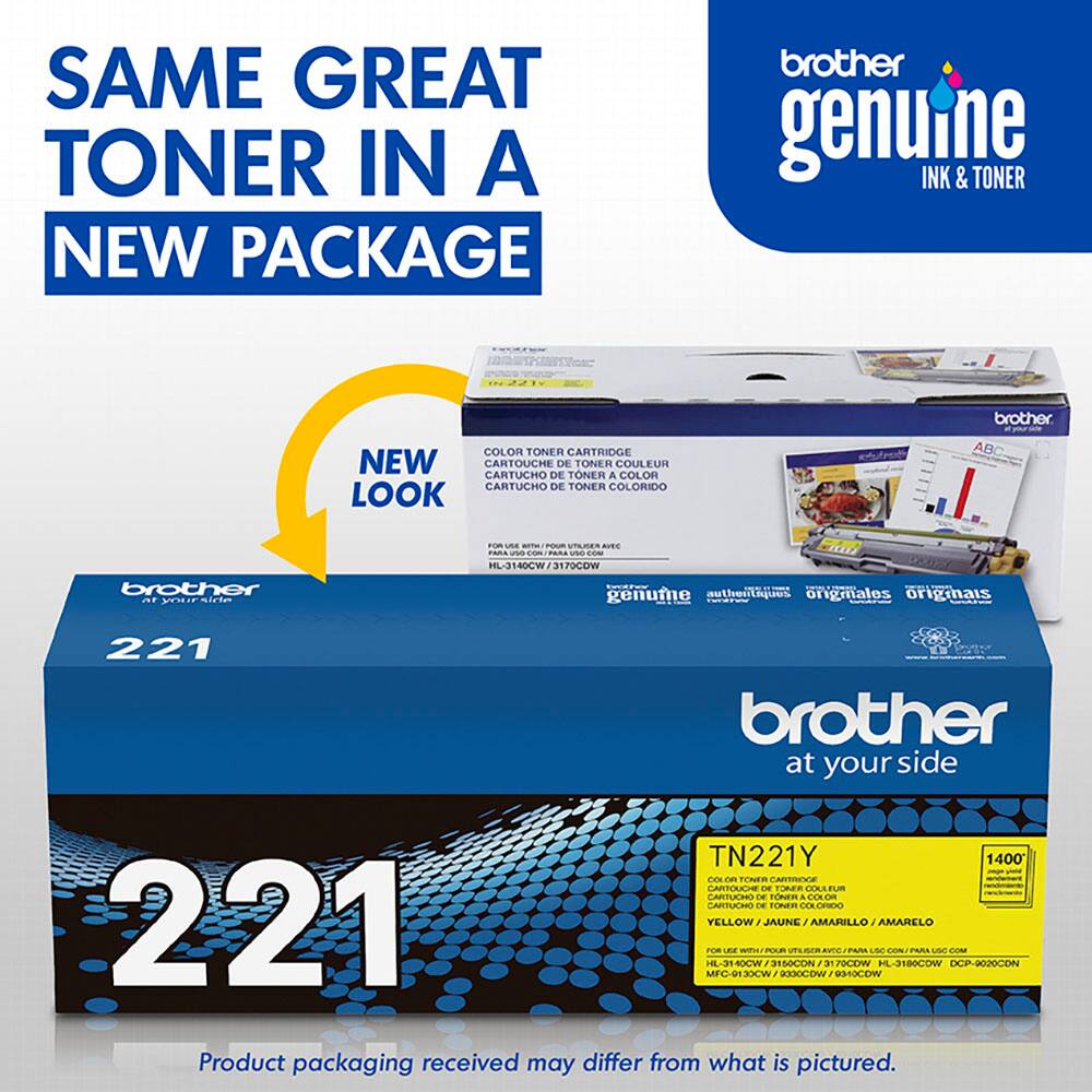 Same Great Toner in a New Package Brother Genuine Ink & Toner Brother Color Toner Cartridge New Cartouche de toner a color Cartucho de toner colorido Look ABC brother at your side TN221Y 1400 C On Toner Av Cartoucho de toner a color Cartucho de toner colorido Yellow, Jaune / Amarillo Amarillo FOM LE POLE UTEIER ae PSRA UNE CON PANs uSD OM 40CW 3180COW DCP-9020CDN C-0130CW Brother at your side TN221Y 1400 C On Toner Av Cartoucho de toner a color Cartucho de toner colorido Yellow, Jaune / Amarillo Amarillo FOM LE POLE UTEIER ae PSRA UNE CON PANs uSD OM 40CW 3180COW DCP-9020CDN C-0130CW Product packaging received may differ from what is pictured.