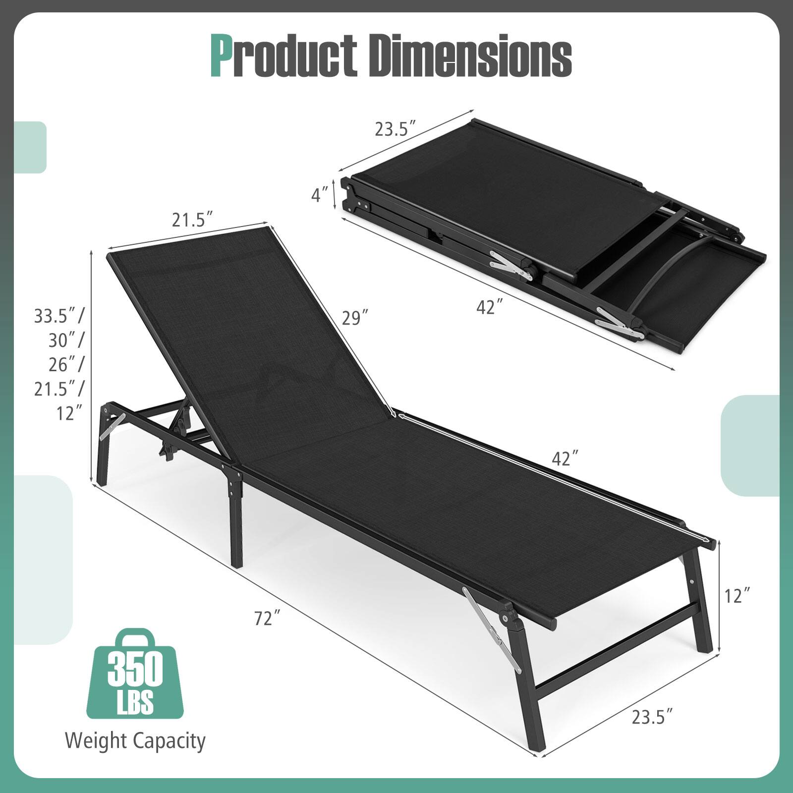 Product Dimensions  
- Length: 72"  
- Width: 23.5"  
- Height: 12"  
- Folded Length: 33.5" / 30" / 26" / 21.5"  
- Folded Width: 21.5"  
- Folded Height: 4"  
- Weight Capacity: 350 LBS