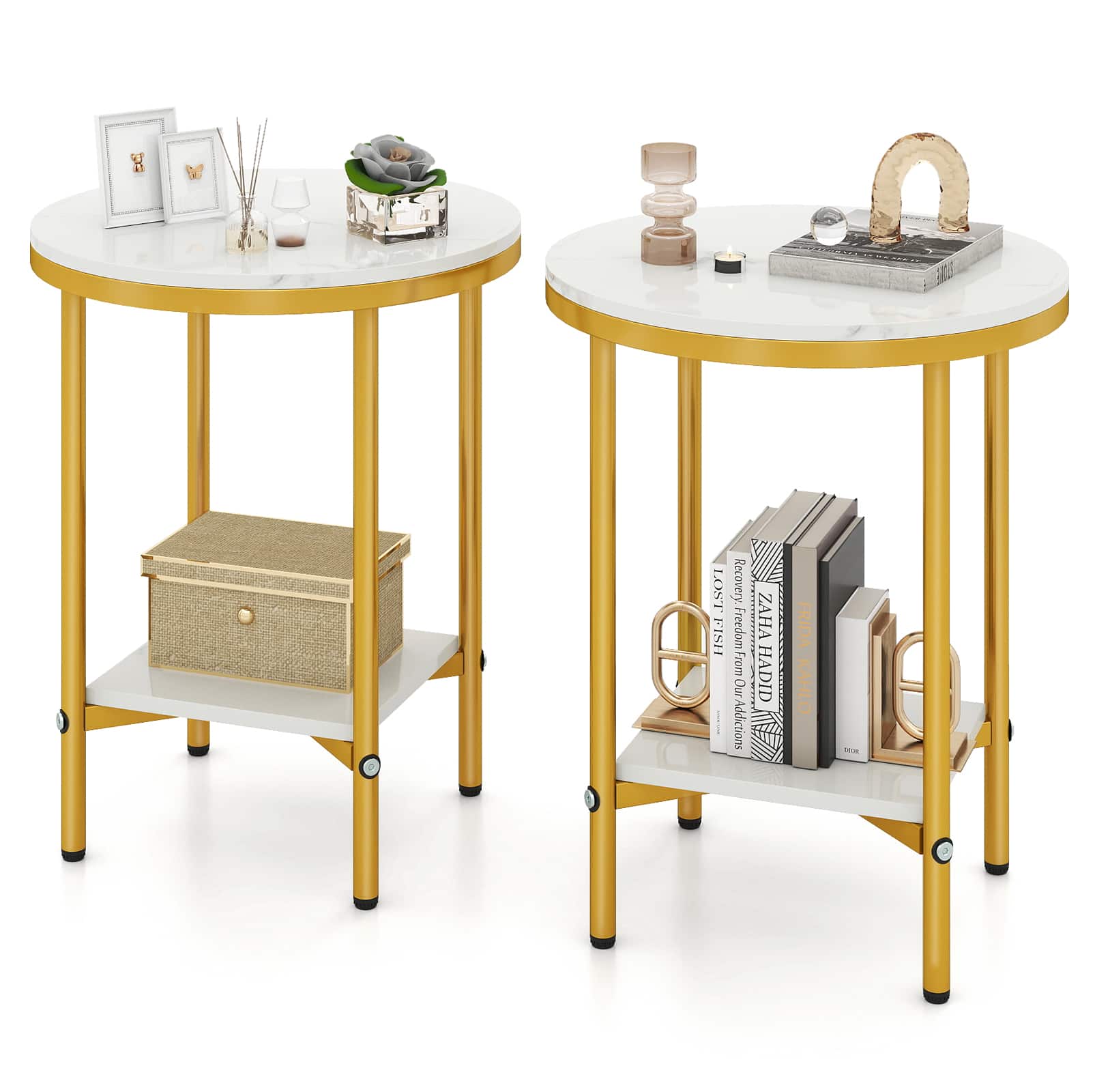 Gymax - 2-Tier Round Side Table Set of 2 16'' Faux Marble End Table w/ Storage Shelf - White