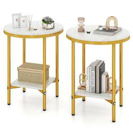 Gymax - 2-Tier Round Side Table Set of 2 16'' Faux Marble End Table w/ Storage Shelf - White