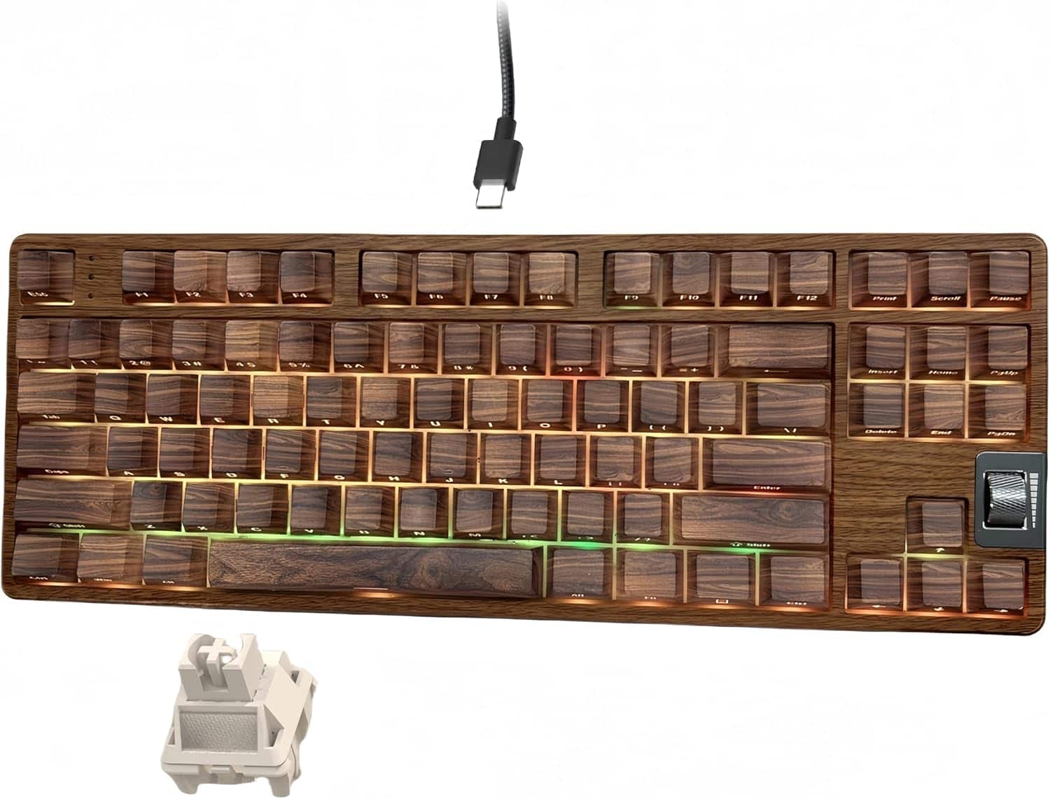 Womier - Retro Wired TKL Mechanical Keyboard with Volume Wheel, Wood Pattern Theme - Brown