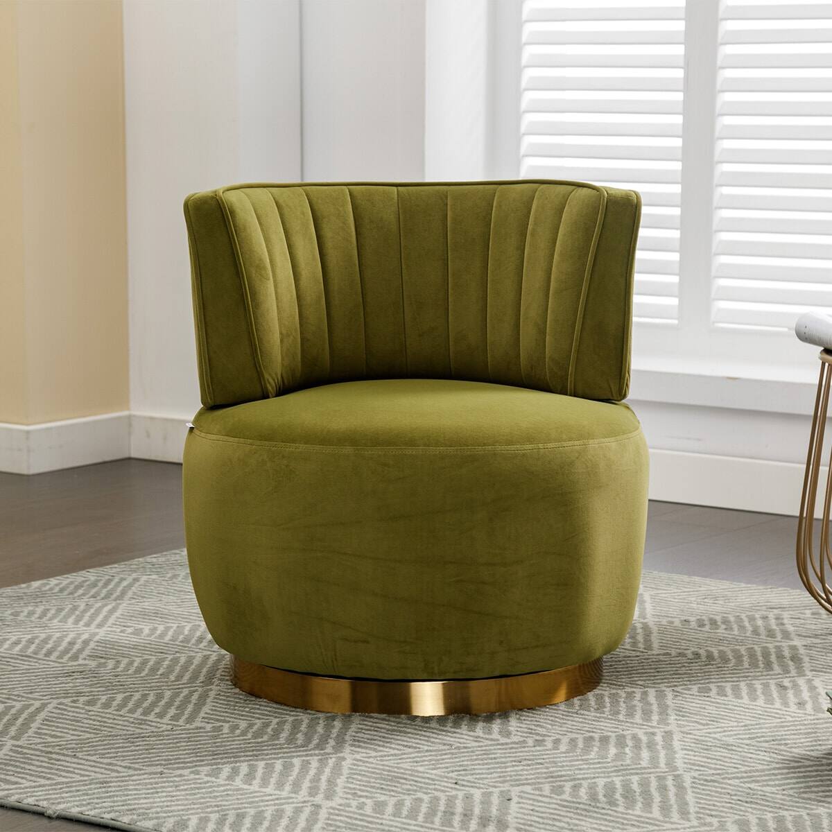 Angle. Trinkets Crazed - Velvet Swivel Accent Barrel Chair, Mid Century Modern Arm Chair 360° Swivel Club Chairs - Olive.