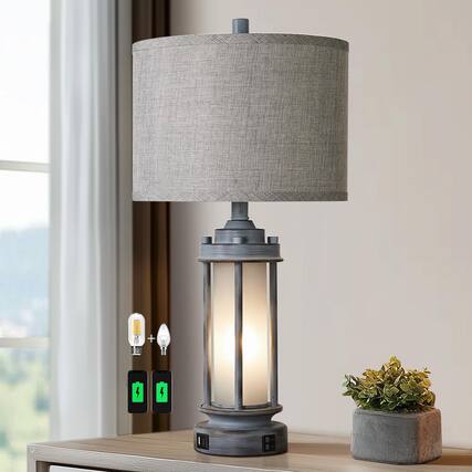 Front. JETRANSPORT - Set Of 2 Farmhouse Lamps For Living Room Rustic Vintage Bedroom Nightstand Table Lamp With Usb Charging Ports - 1 Pack-Gray Green.