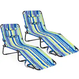 Gymax - 2PCS Folding Beach Sun Lounger w/Face Hole Removable Pillows 4-Position Backrest Blue Stripe - Green