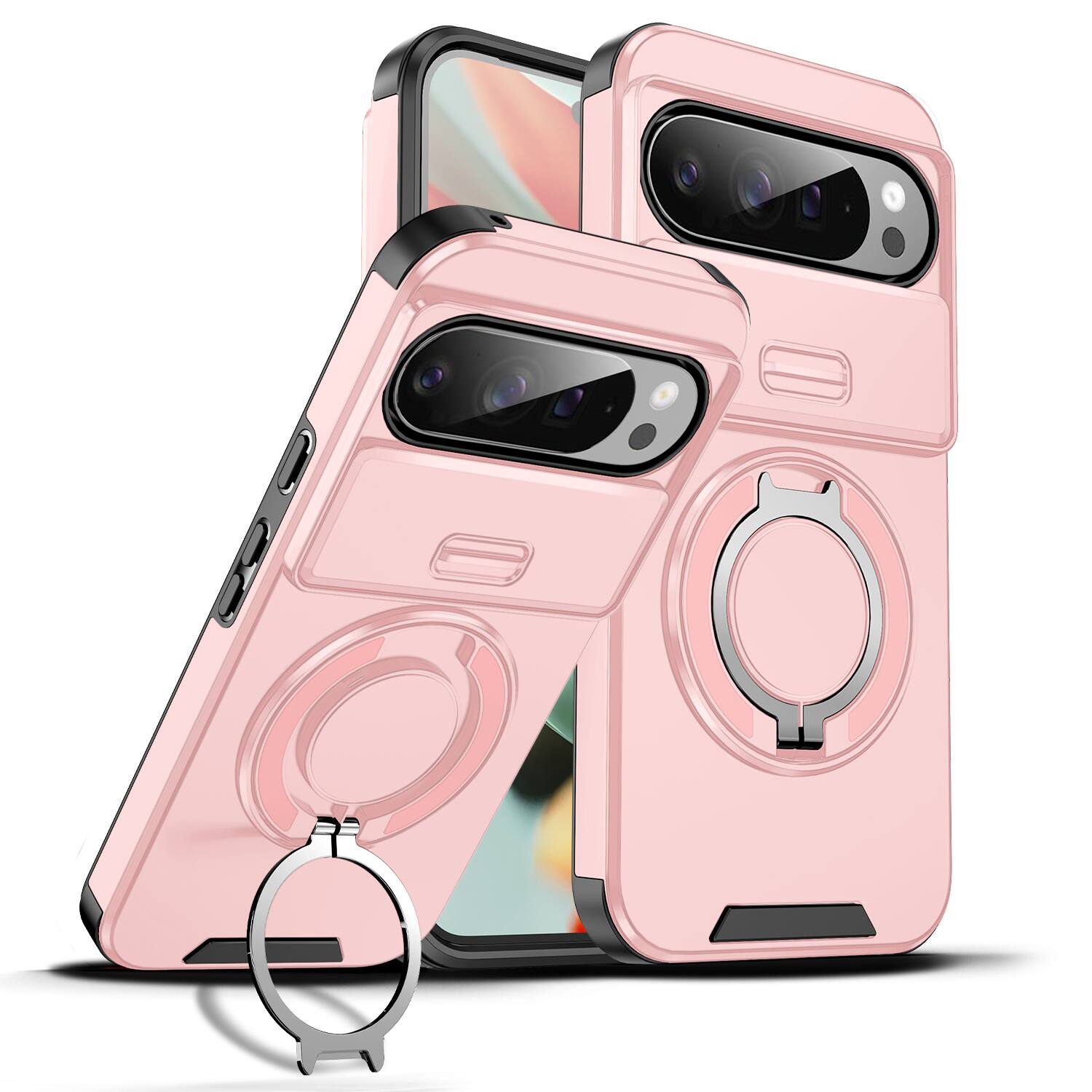 Front. UUCOVER - Magnetic Case for Google Pixel 9 Pro XL with Slide Camera Lens Cover & 360° Ring Stand, Drop Protection Protective Shell - Pink.