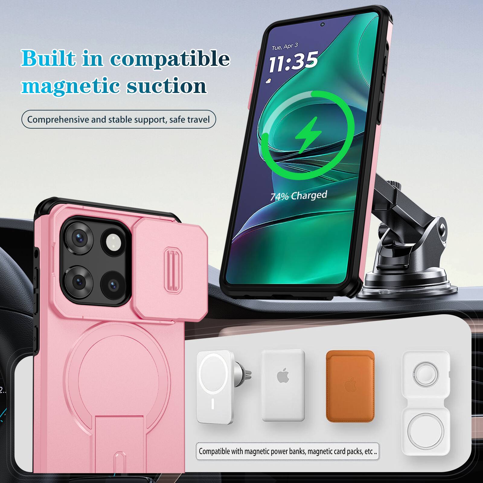 Apr 3, 11:35  
Built in compatible magnetic suction  
Comprehensive and stable support, safe travel  
74% Charged  

Compatible with magnetic power banks, magnetic card packs, etc.