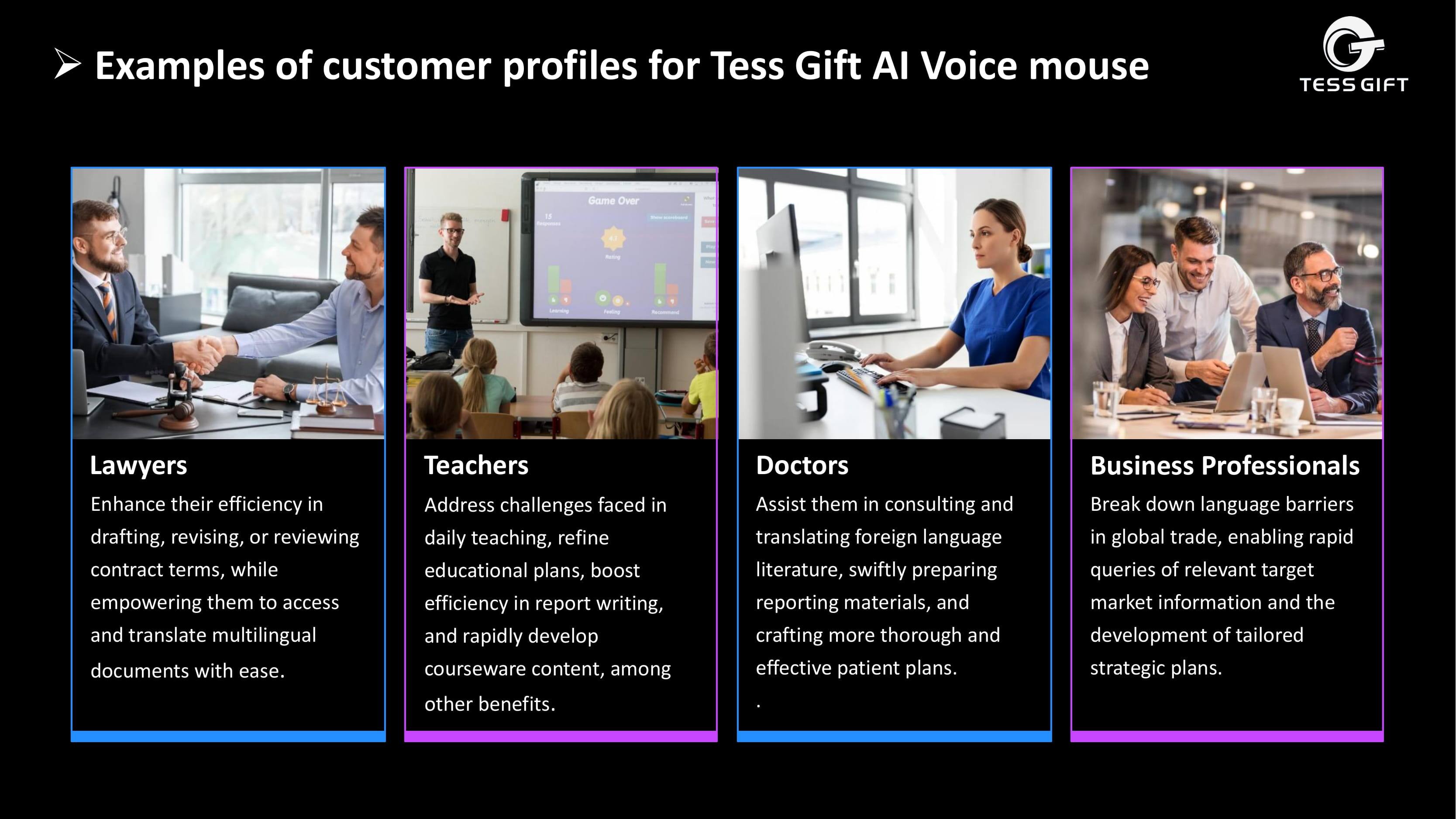 Examples of customer profiles for Tess Gift AI Voice Mouse

Lawyers
Enhance their efficiency in drafting, revising, or reviewing contract terms, while empowering them to access and translate multilingual documents with ease.

Teachers
Address challenges faced in daily teaching, refine educational plans, boost efficiency in report writing, and rapidly develop courseware content, among other benefits.

Doctors
Assist them in consulting and translating foreign language literature, swiftly preparing reporting materials, and crafting more thorough and effective patient plans.

Business Professionals
Break down language barriers in global trade, enabling rapid queries of relevant target market information and the development of tailored strategic plans.
