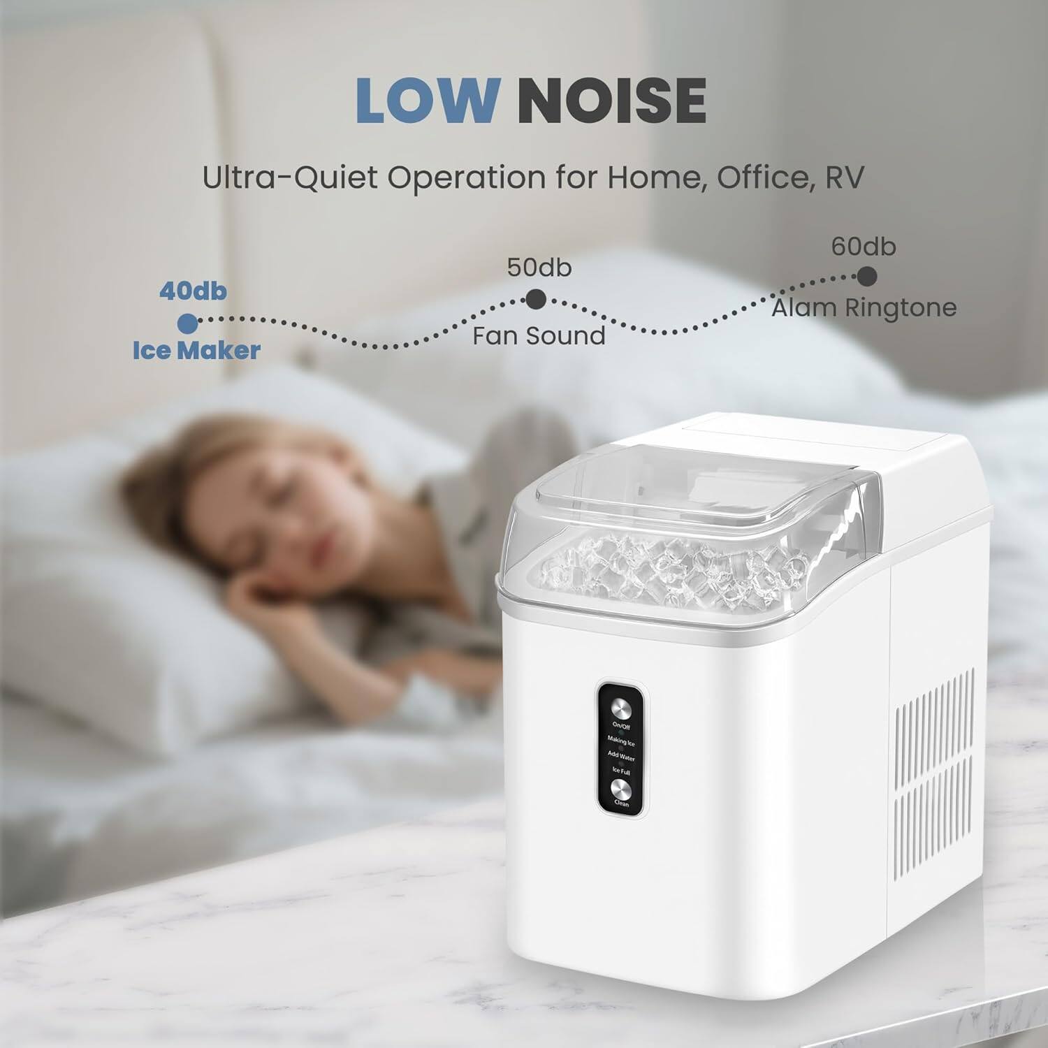 LOW NOISE  
Ultra-Quiet Operation for Home, Office, RV  

40db Ice Maker  
50db Fan Sound  
60db Alarm Ringtone