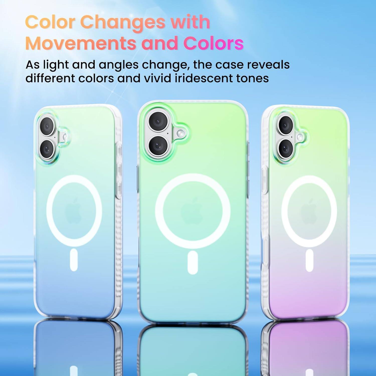 Color Changes with Movements and Colors

As light and angles change, the case reveals different colors and vivid iridescent tones