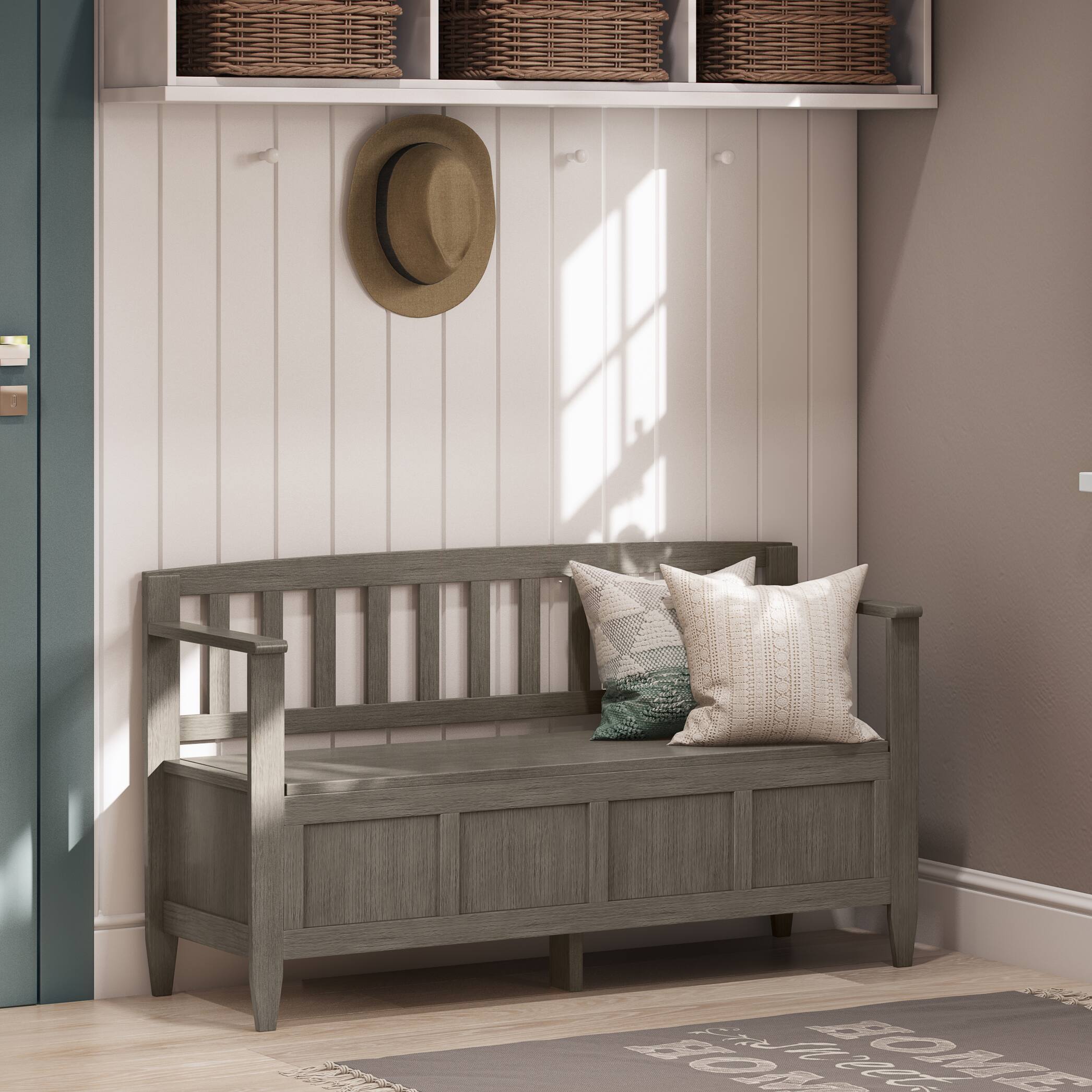 Left. Simpli Home - Brooklyn Entryway Storage Bench - Farmhouse Grey.