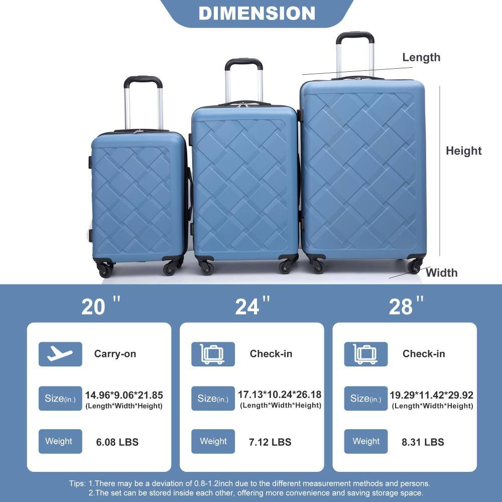 **DIMENSION**

- **20" Carry-on**
  - Size (in.): 14.96" x 9.06" x 21.85" (Length x Width x Height)
  - Weight: 6.08 LBS

- **24" Check-in**
  - Size (in.): 17.13" x 10.24" x 26.18" (Length x Width x Height)
  - Weight: 7.12 LBS

- **28" Check-in**
  - Size (in.): 19.29" x 11.42" x 29.92" (Length x Width x Height)
  - Weight: 8.31 LBS

**Tips:**
1. There may be a deviation of 0.8-1.2 inch due to different measurement methods and persons.
2. The set can be stored inside each other, offering more convenience and saving storage space.