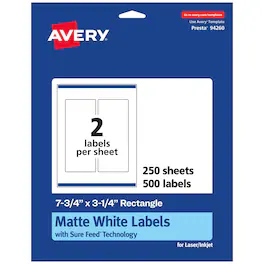 Avery - Printable Borderless Rectangle Labels 7.75 x 3.25 500 Pack Sure Feed Technology Matte Permanent Adhesive - White