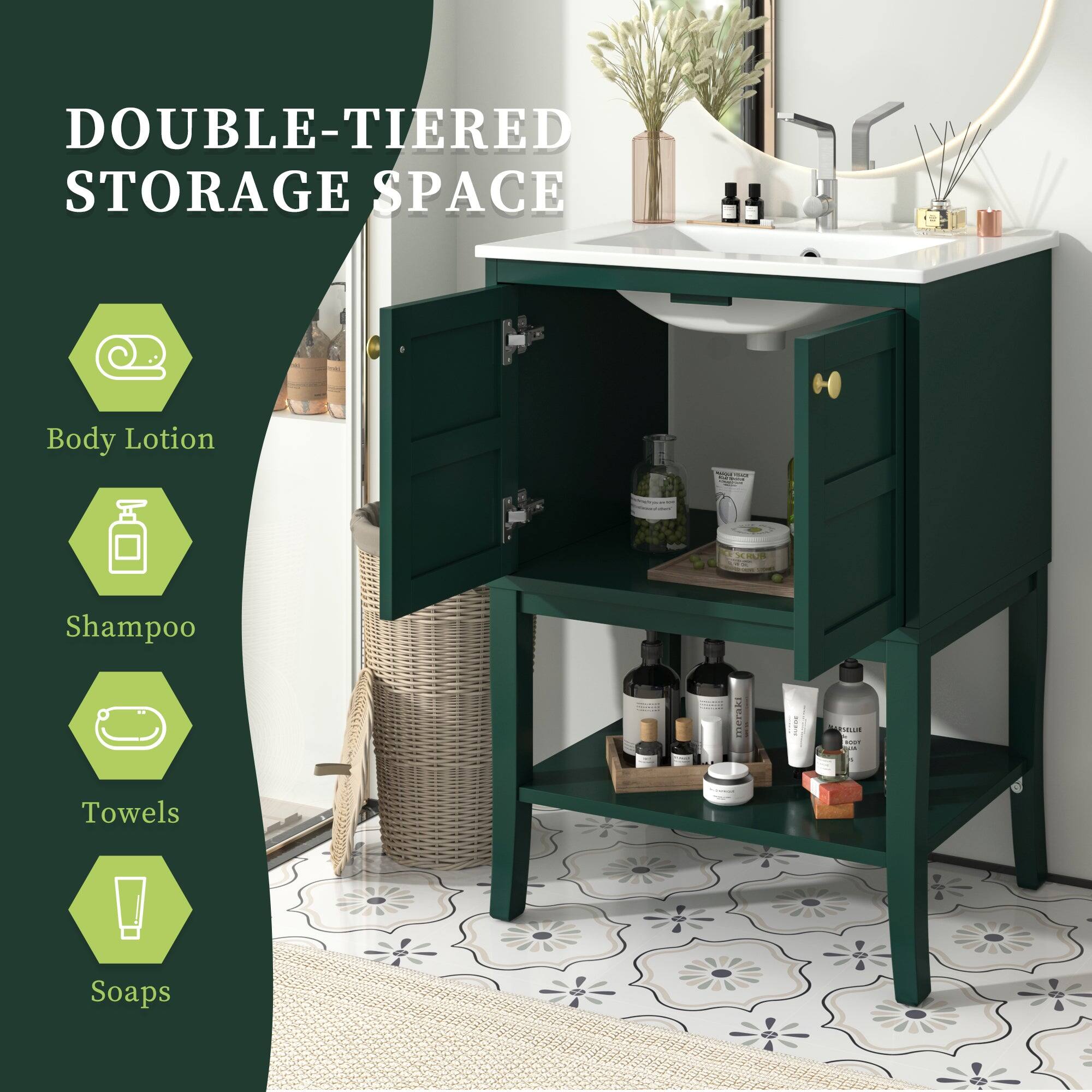 DOUBLE-TIERED STORAGE SPACE

Body Lotion  
Shampoo  
Towels  
Soaps